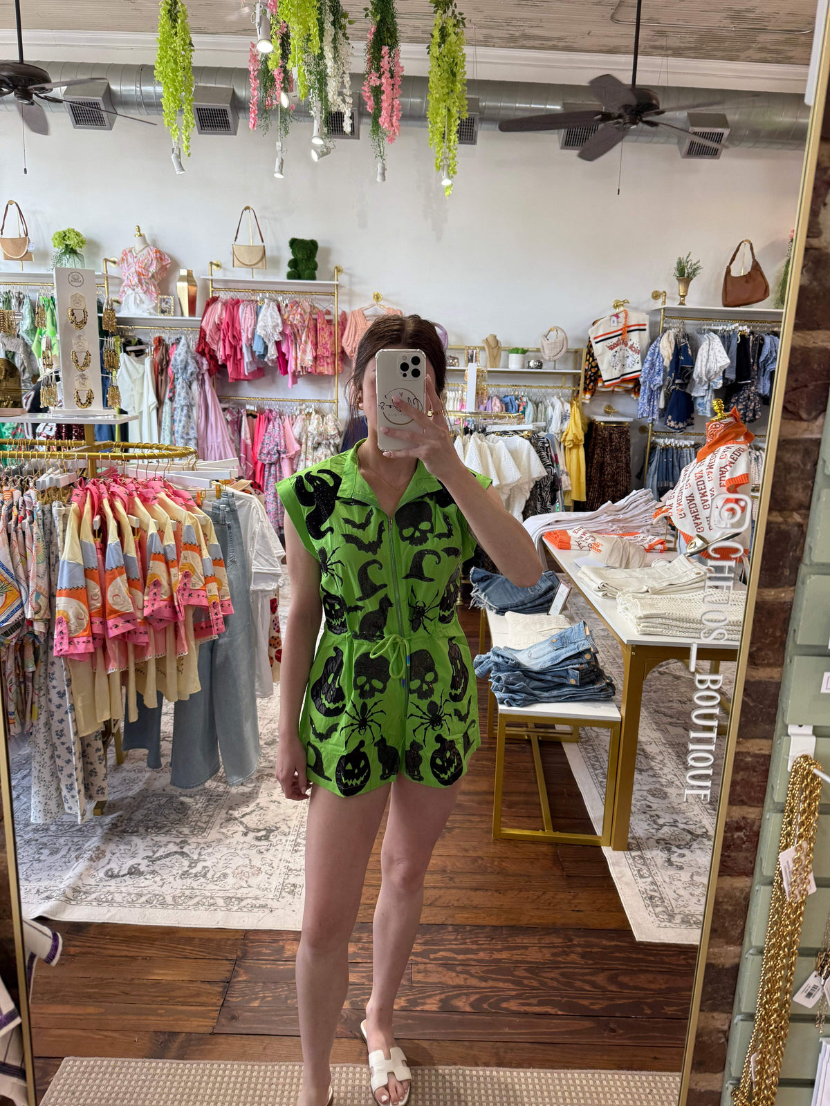Bright Green & Black Halloween Icon Zip Up Romper | Queen of Sparkles