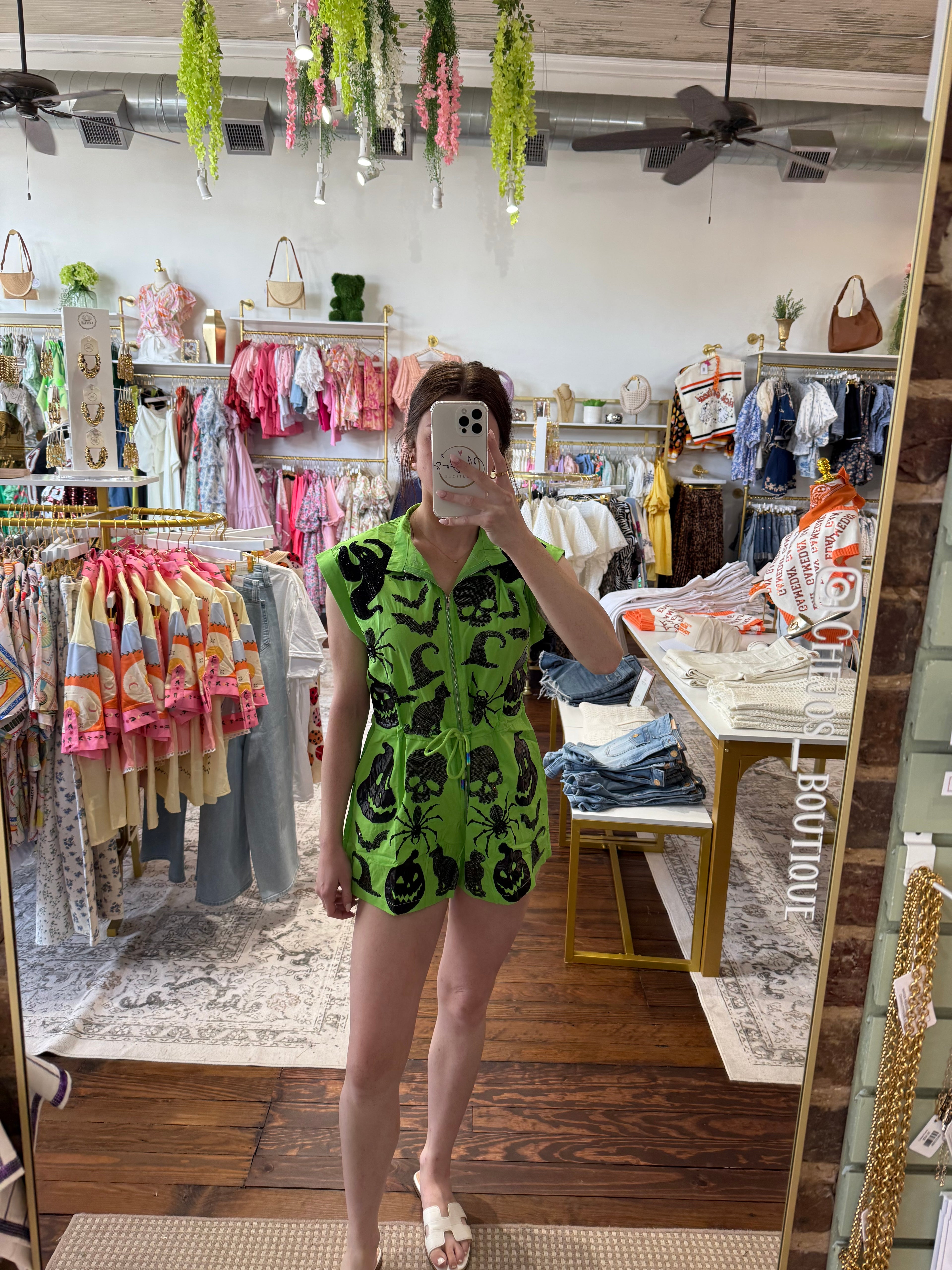Bright Green & Black Halloween Icon Zip Up Romper | Queen of Sparkles
