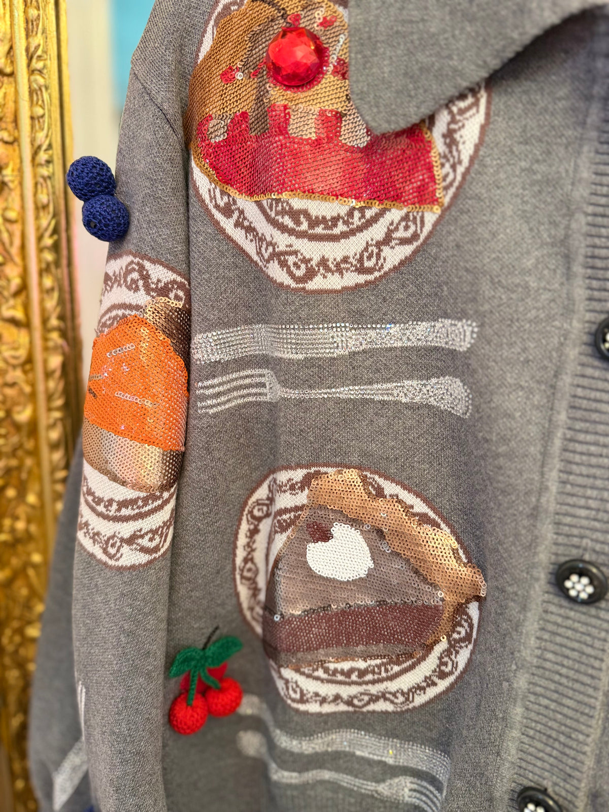 Charcoal Pie on Plates Button Up Collar Cardigan | Queen of Sparkles