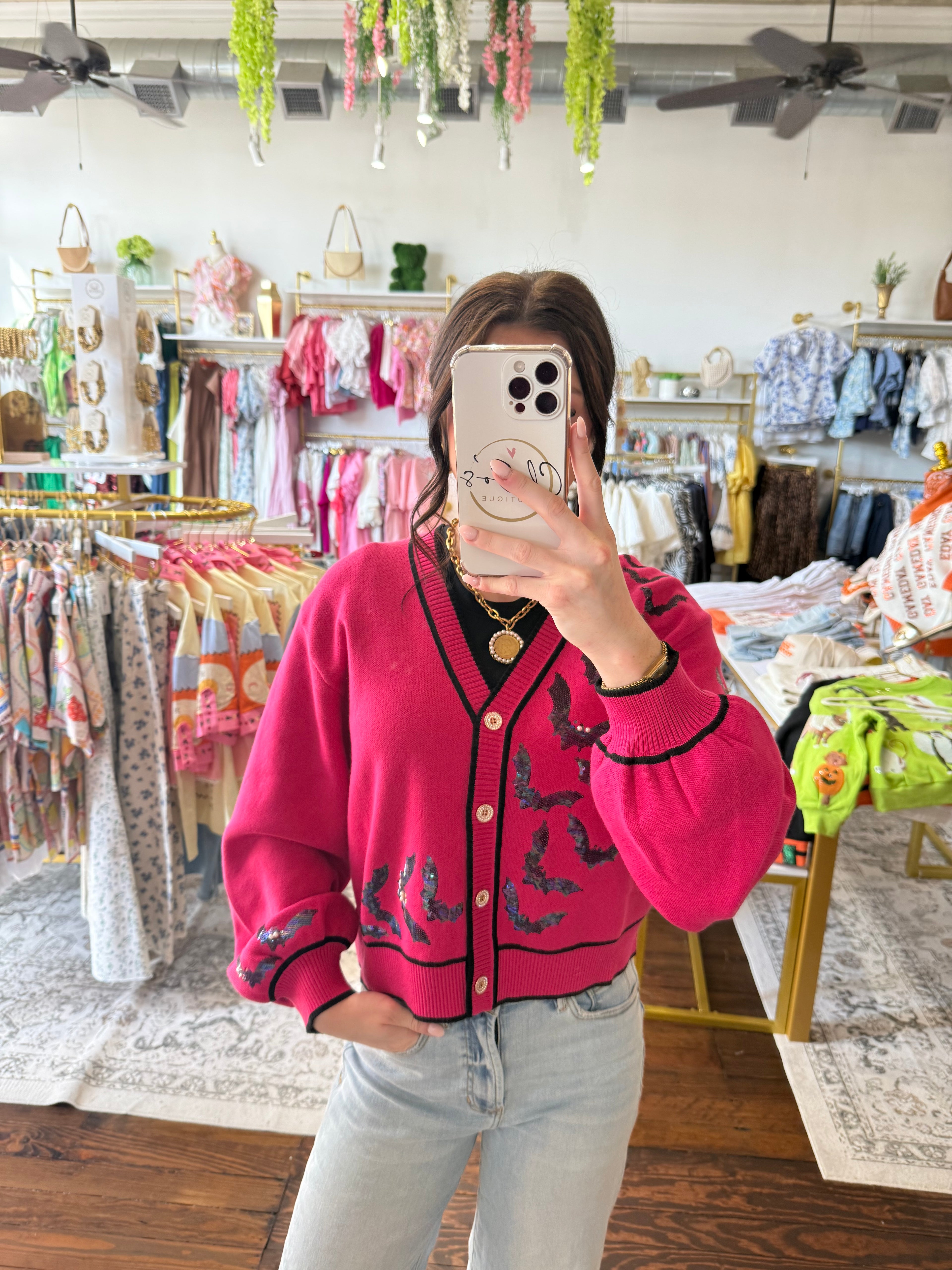 Bright Pink Crawling Bats Button Up Cardigan | Queen of Sparkles