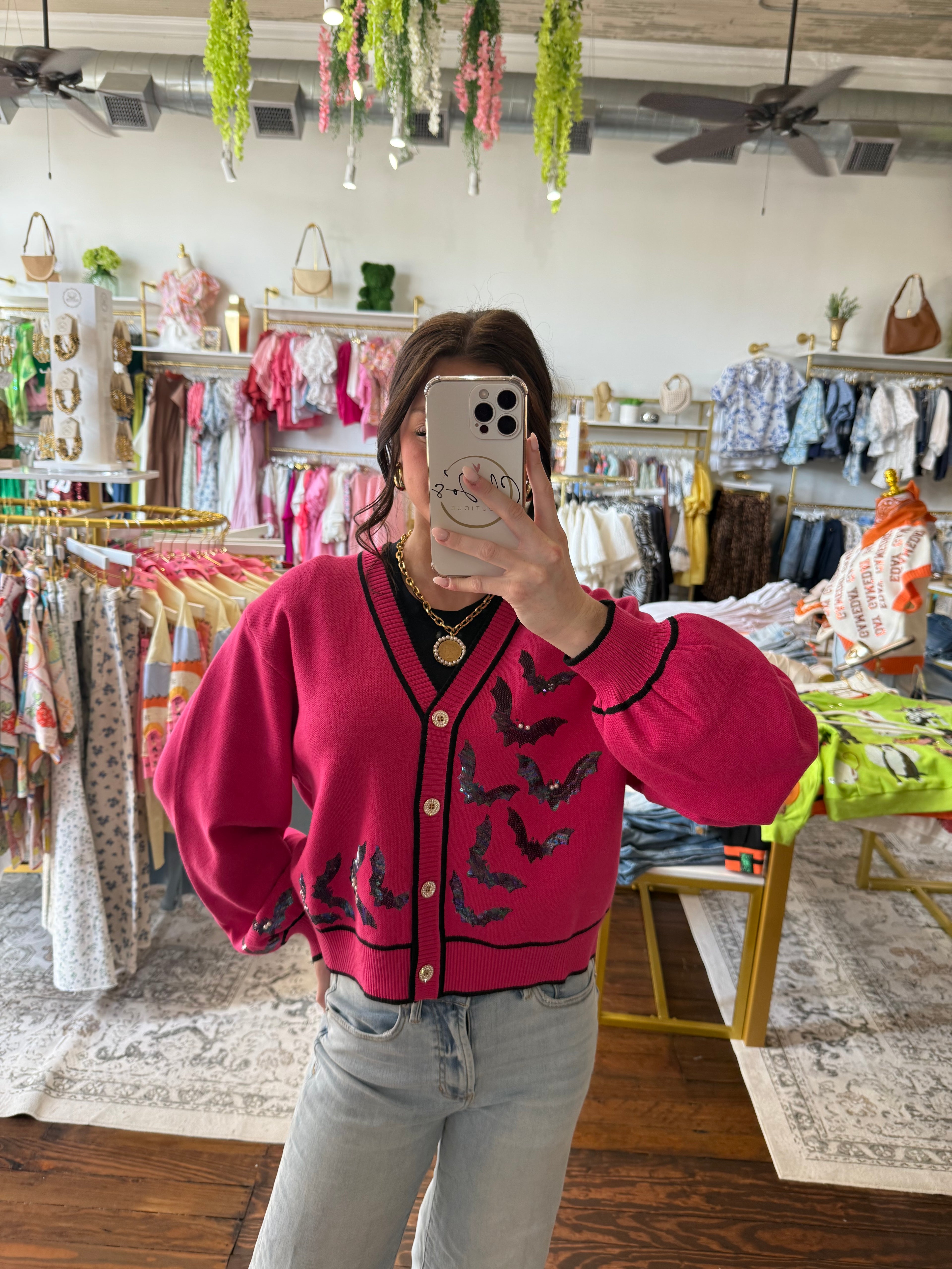 Bright Pink Crawling Bats Button Up Cardigan | Queen of Sparkles