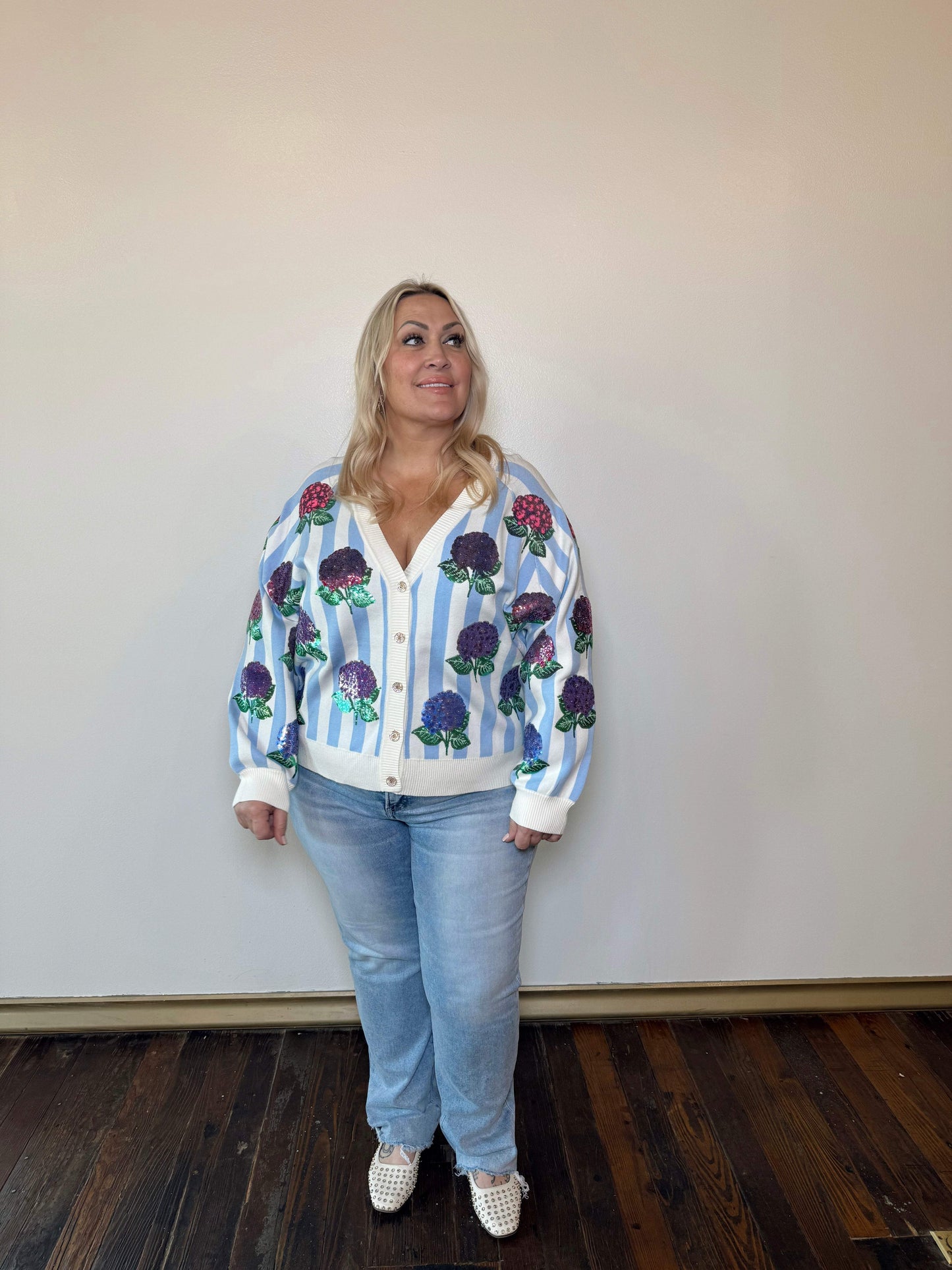 Blue & White Striped Hydrangea Cardigan | Queen of Sparkles | PLUS SIZE AVAILABLE