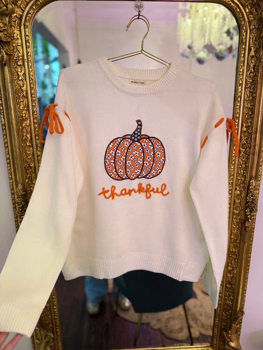 Thankful Pumpkin Tie-Sleeve Sweater