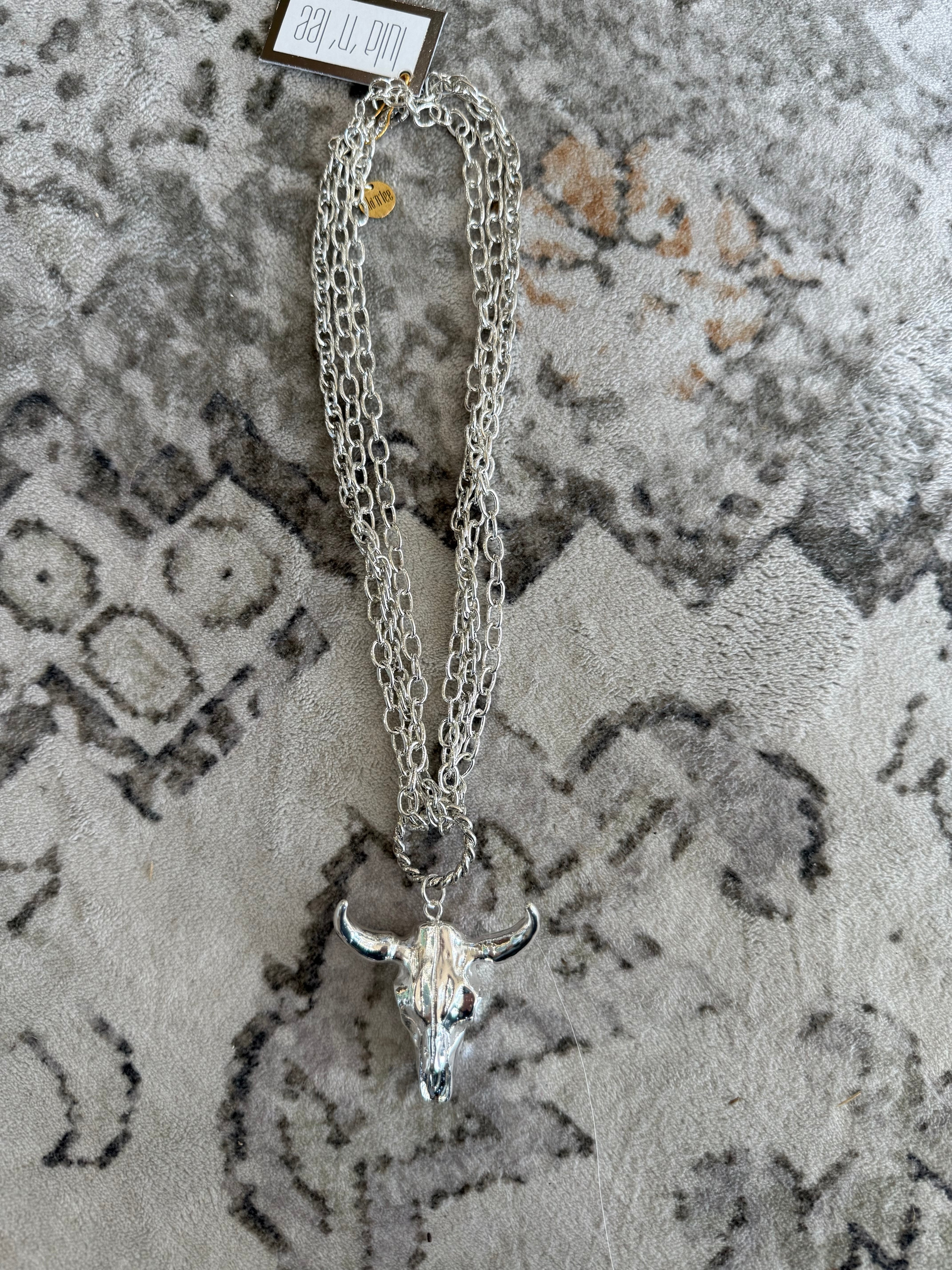 17" Triple Strand Plated Steer Head Pendant Necklace