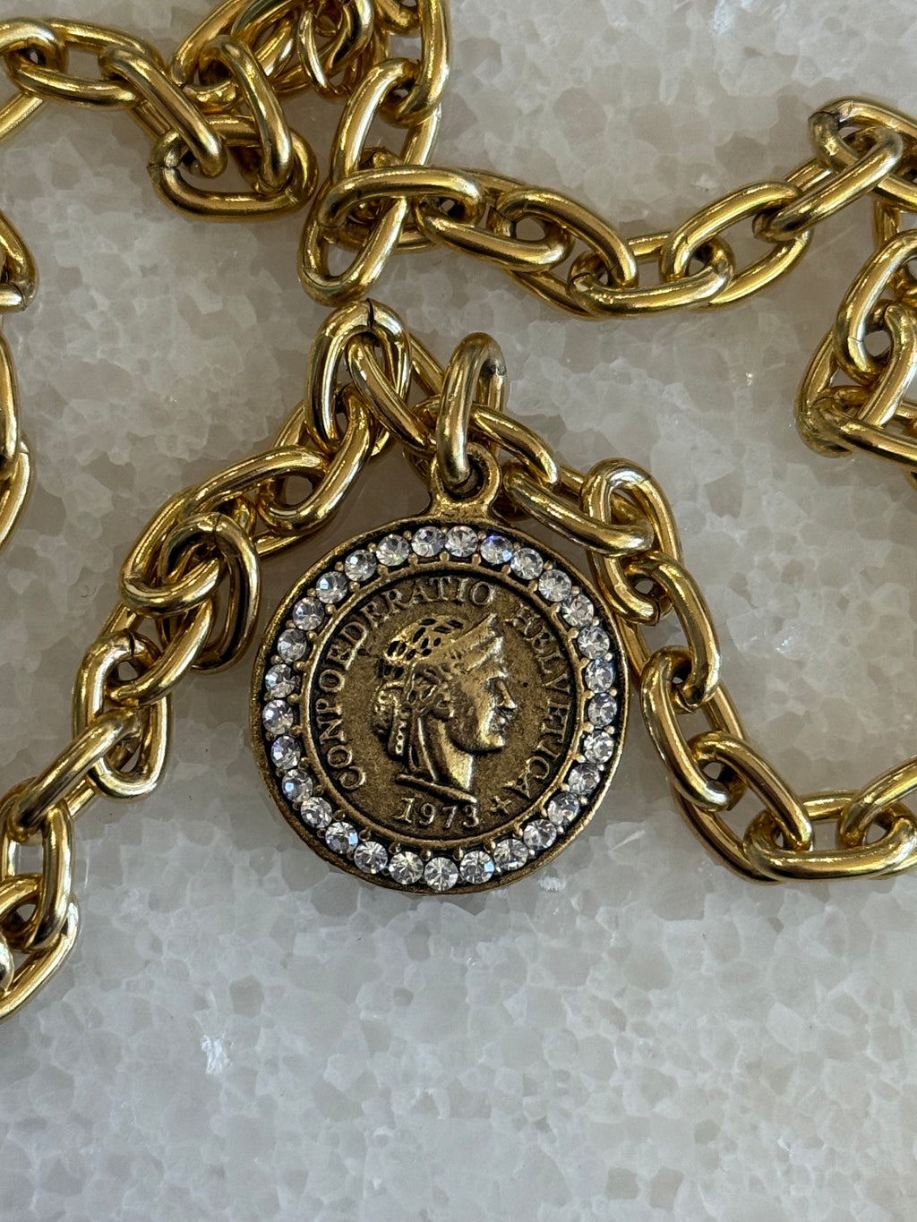 1973 Heirloom Rhinestone Medallion Coin Necklace