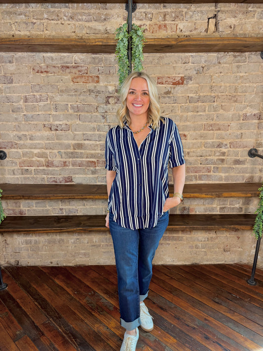 Blynn Striped Button Down Collared Blouse