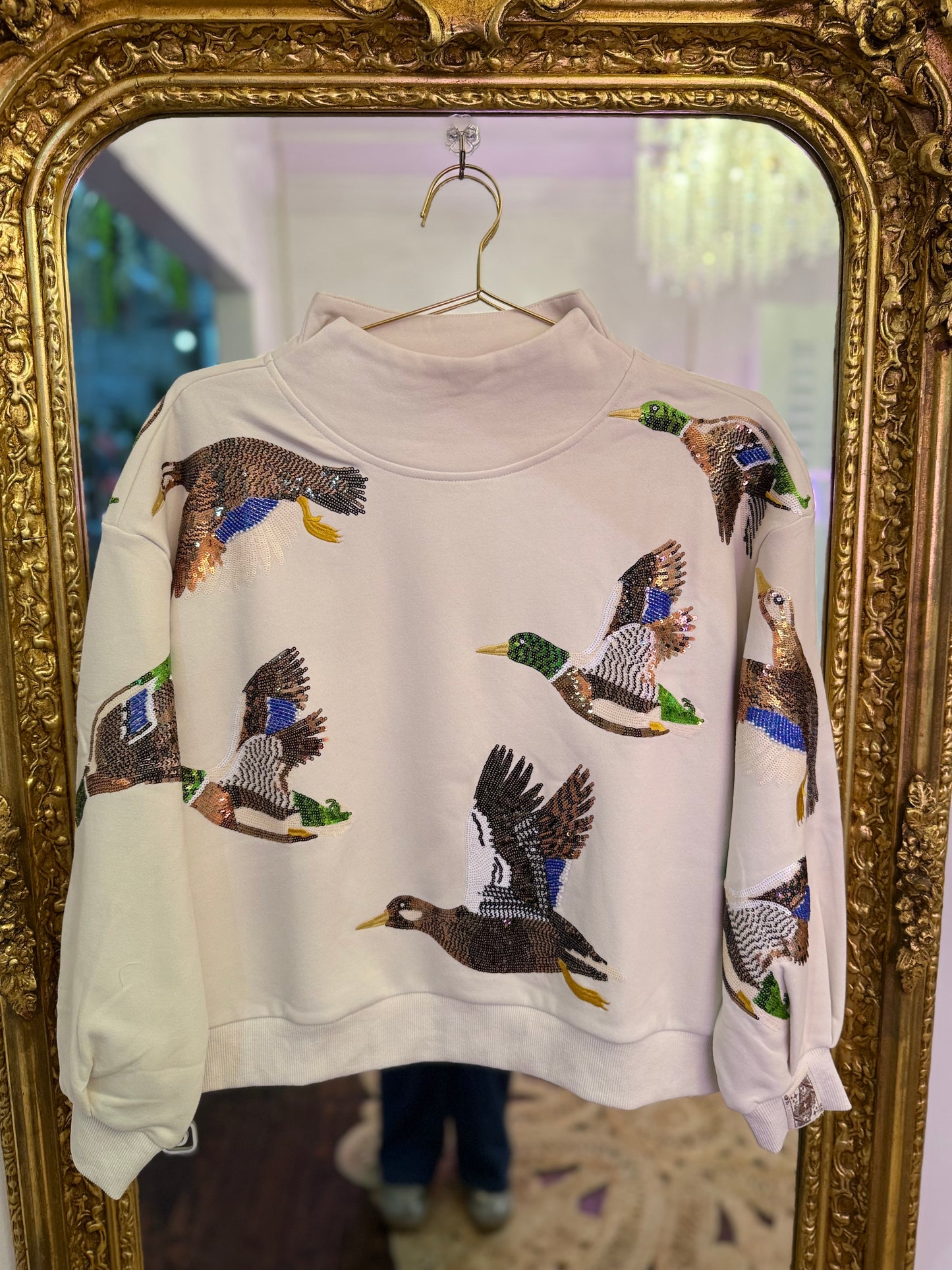 Ivory Flying Ducks Mock Neck Sweatshirt | Queen of Sparkles