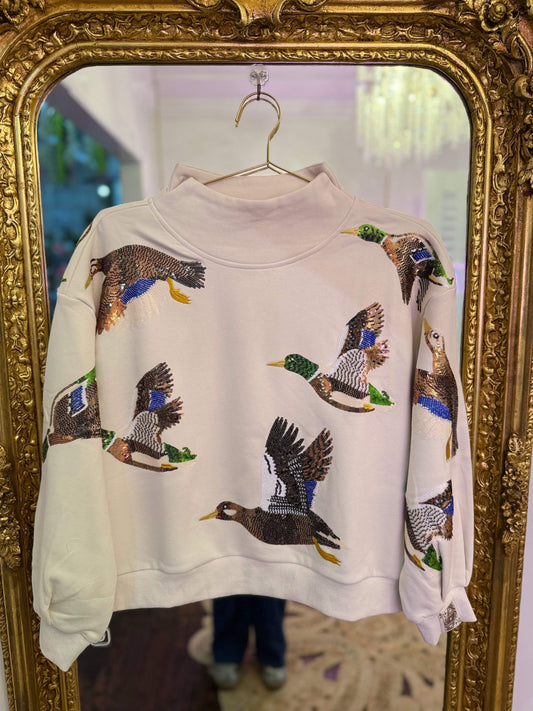 Ivory Flying Ducks Mock Neck Sweatshirt | Queen of Sparkles