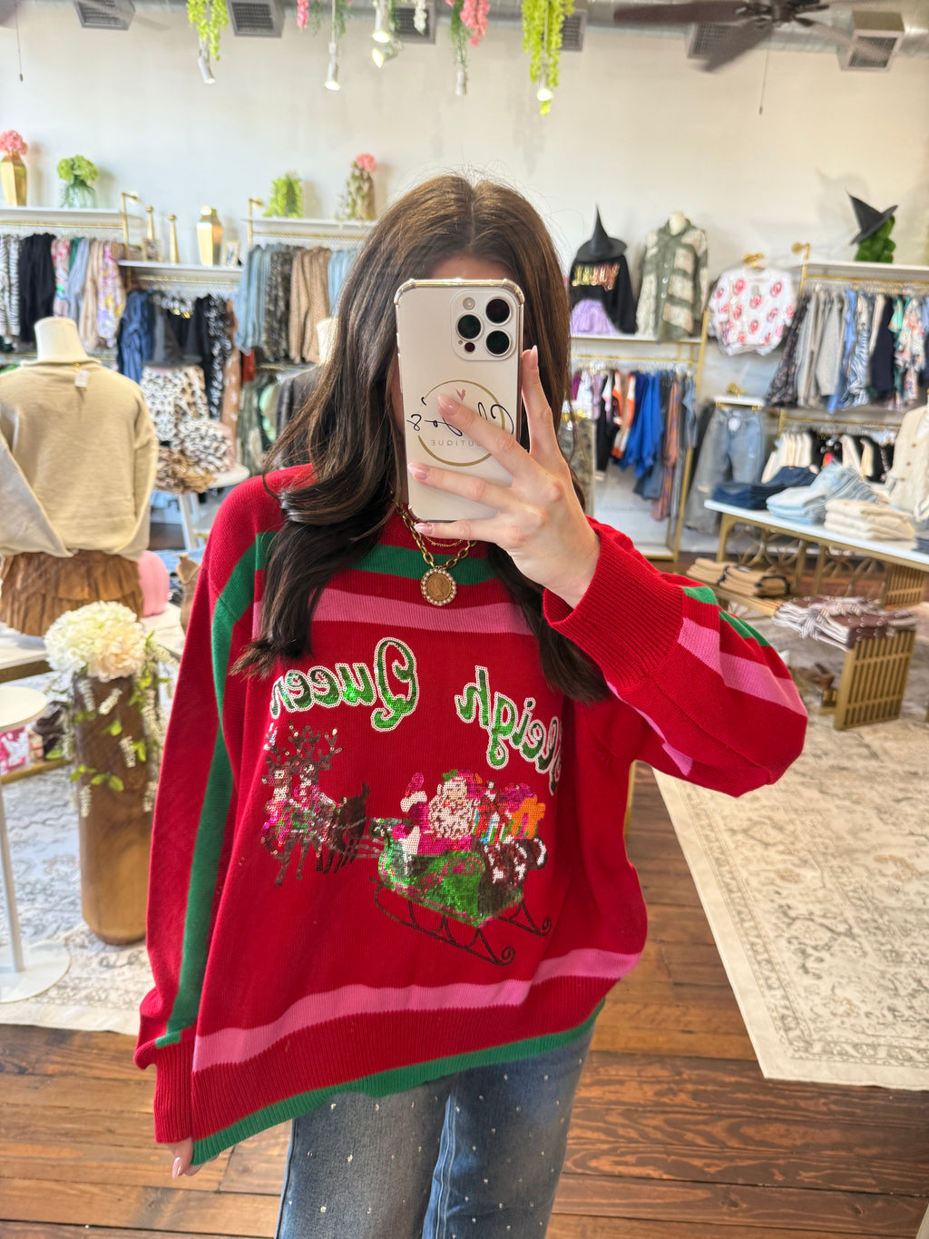 Red, Green & Pink 'Sleigh Queen' Stripe Sweater | Queen of Sparkles