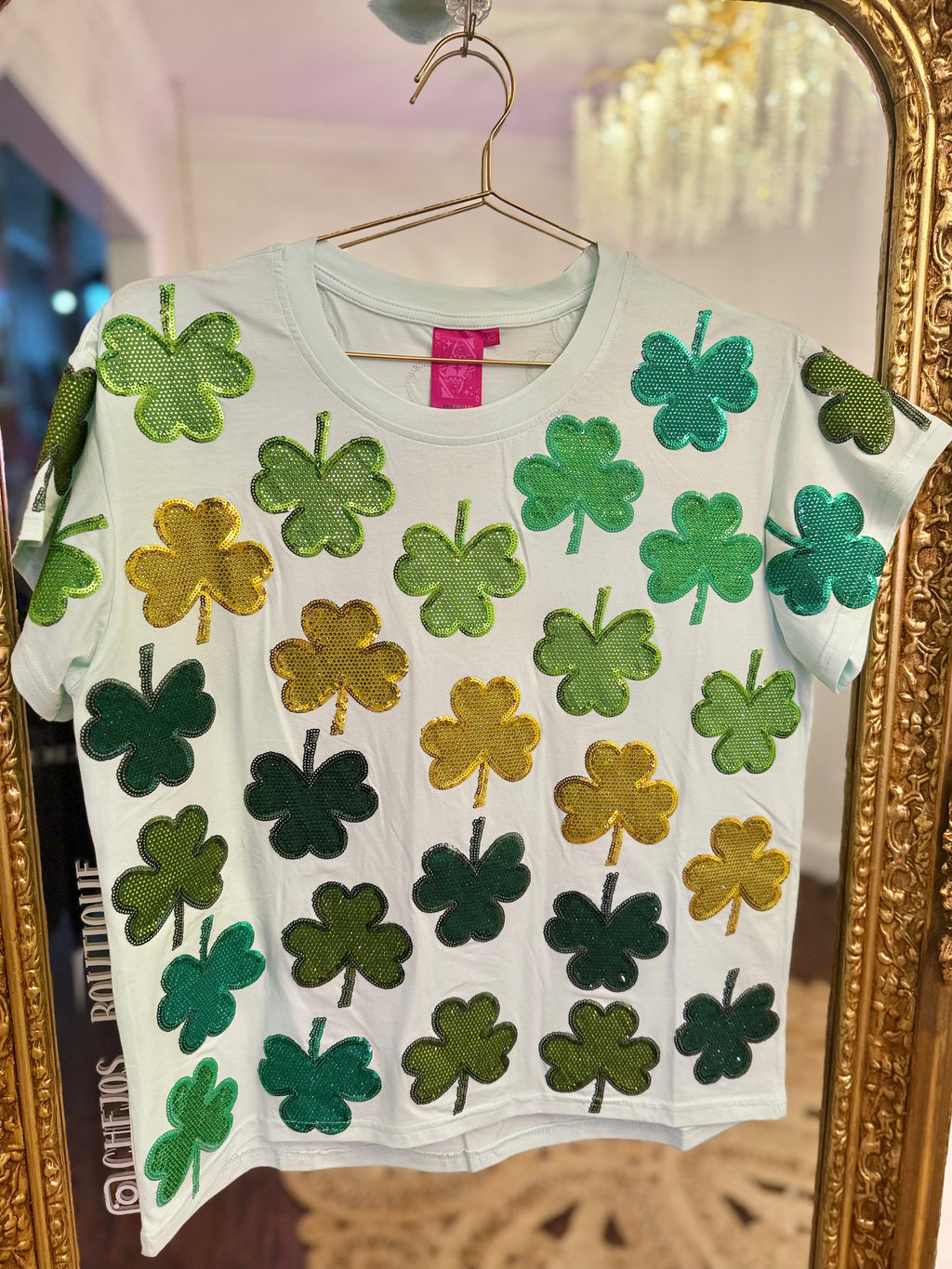 Light Green Rhinestone Shamrock Tee | Queen of Sparkles