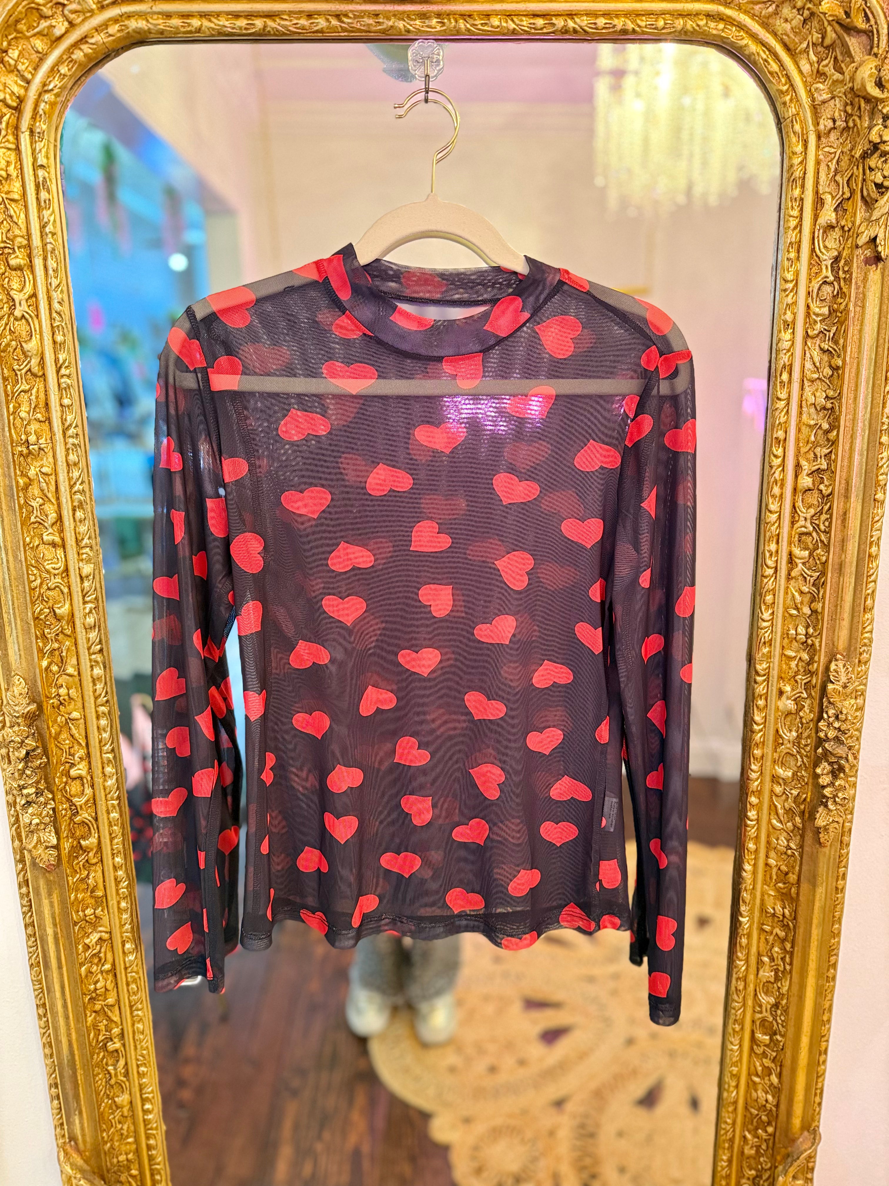 Amber Heart Mock Neck Sheer Mesh Long Sleeve Top