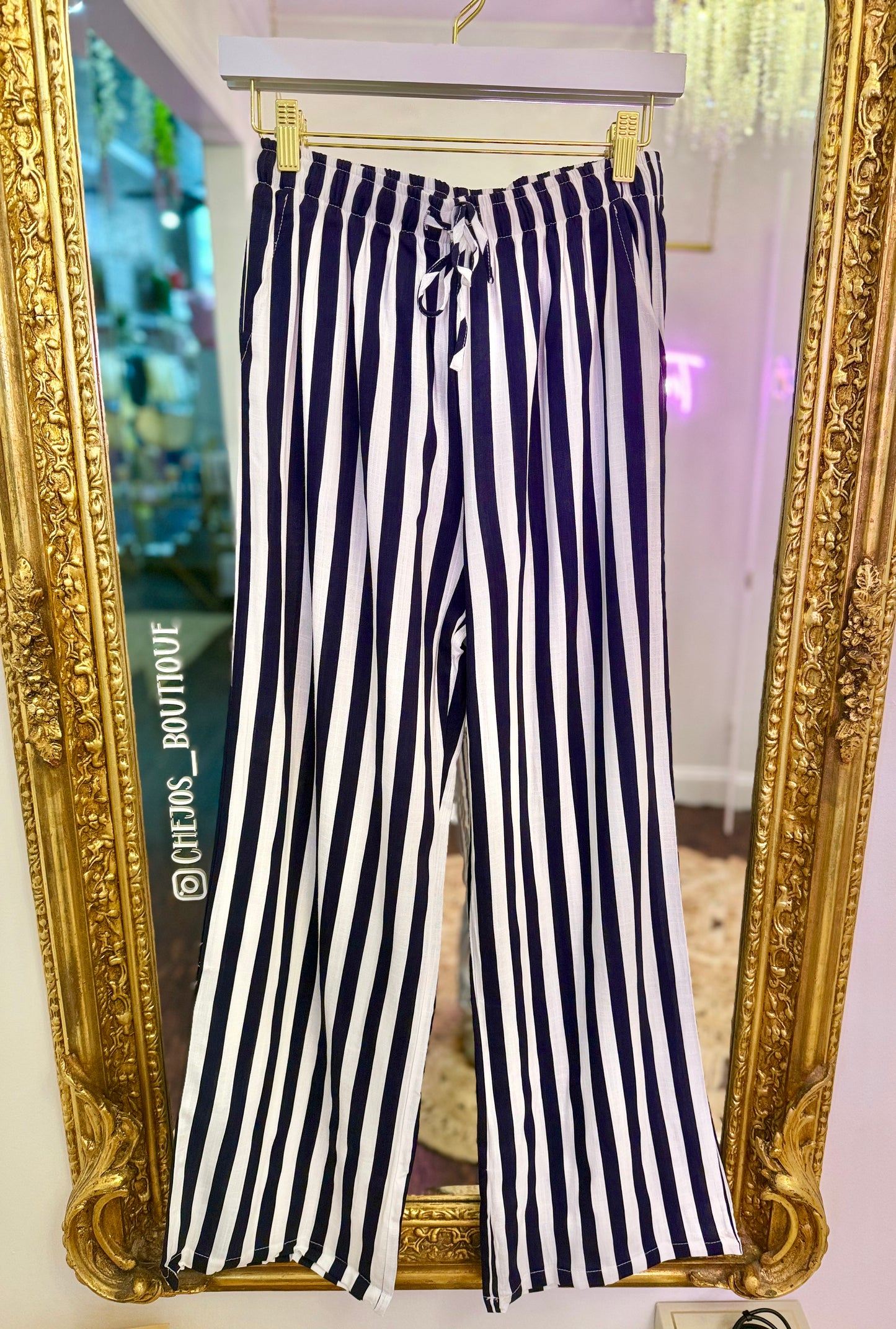 Stripe & Smocked High-Rise Trouser Pants