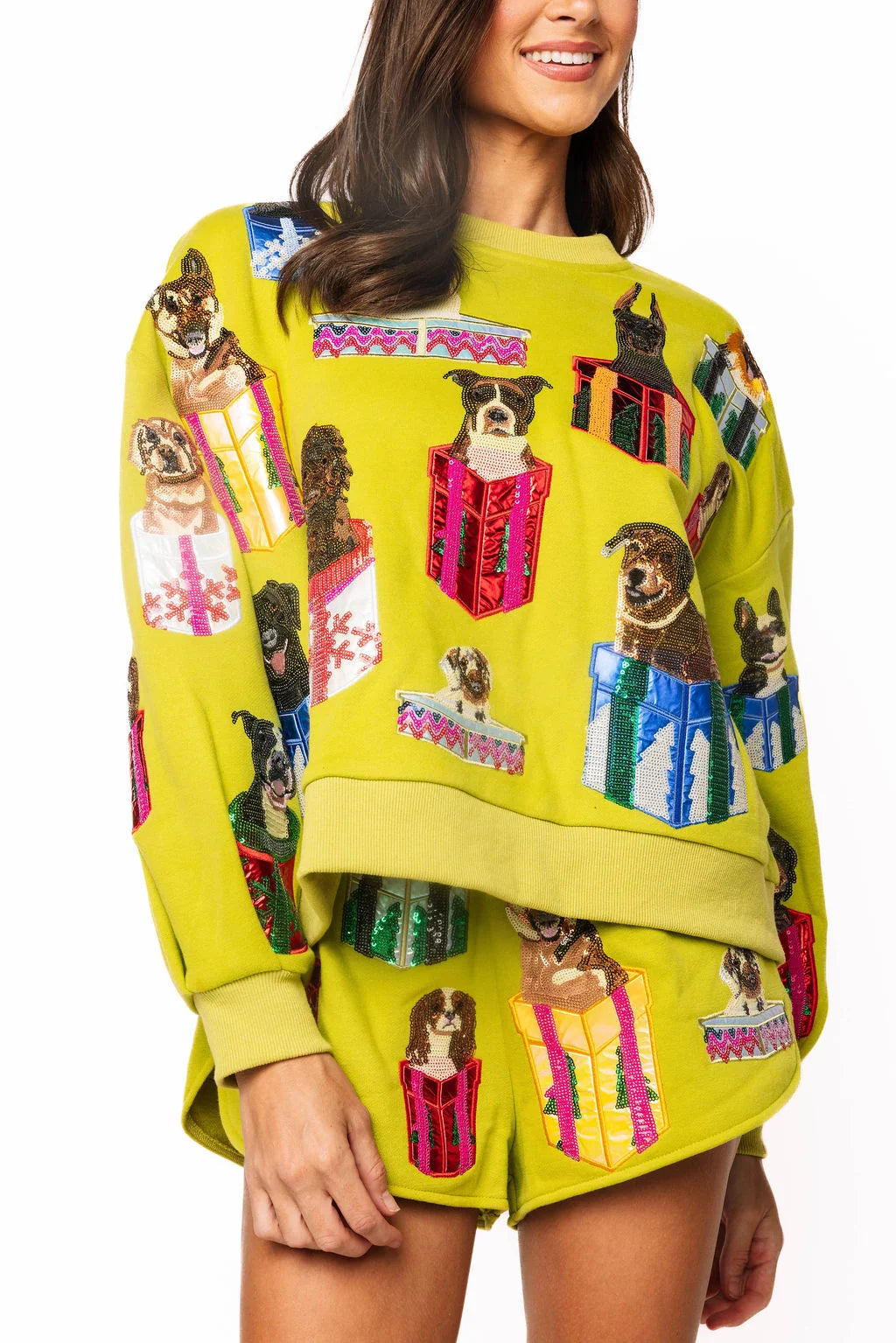 Green Dogs in Present Boxes Sweatshirt  | Queen of Sparkles