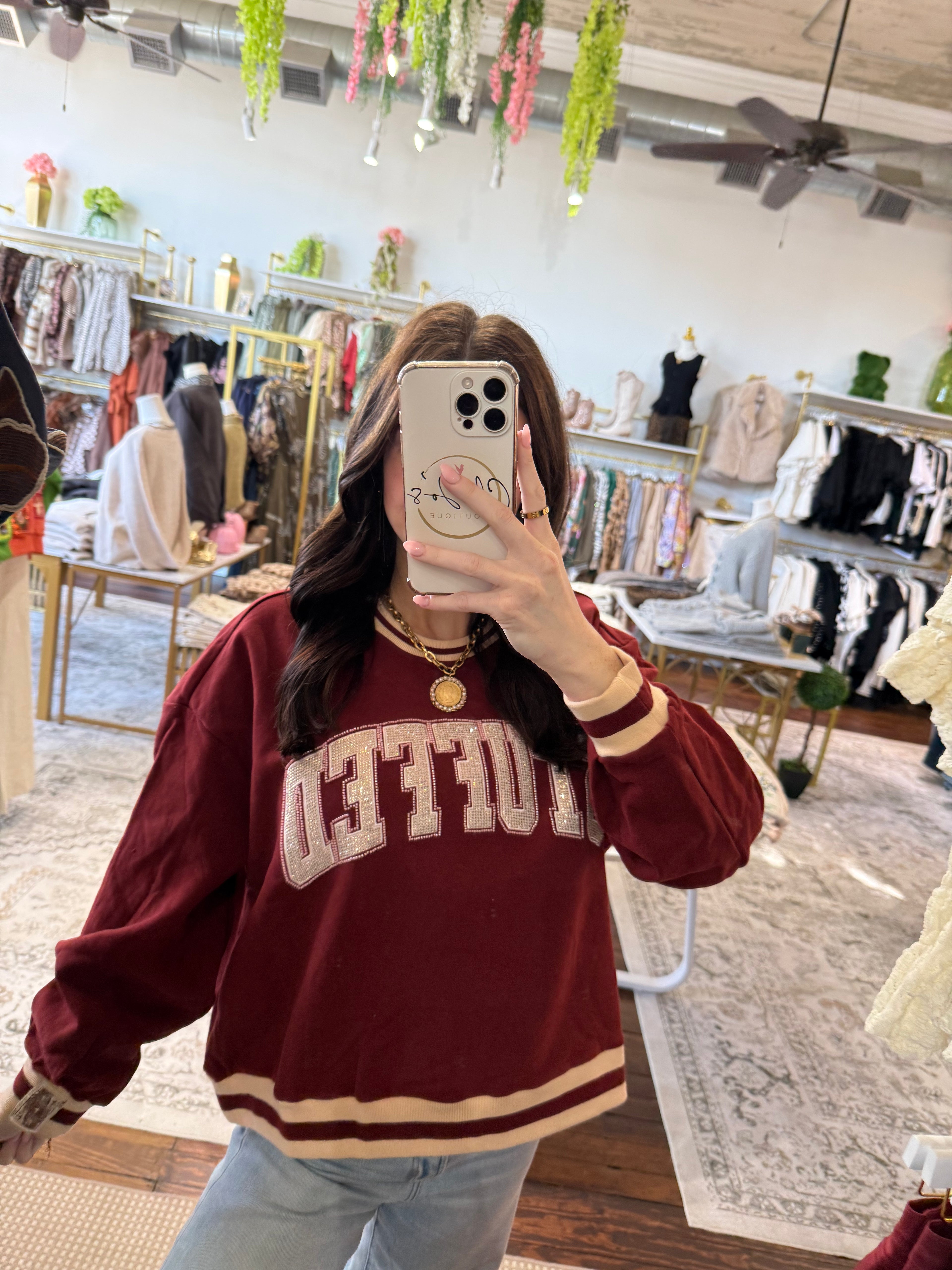 Maroon & Ivory Rhinestone 'Stuffed' Sweatshirt | Queen of Sparkles