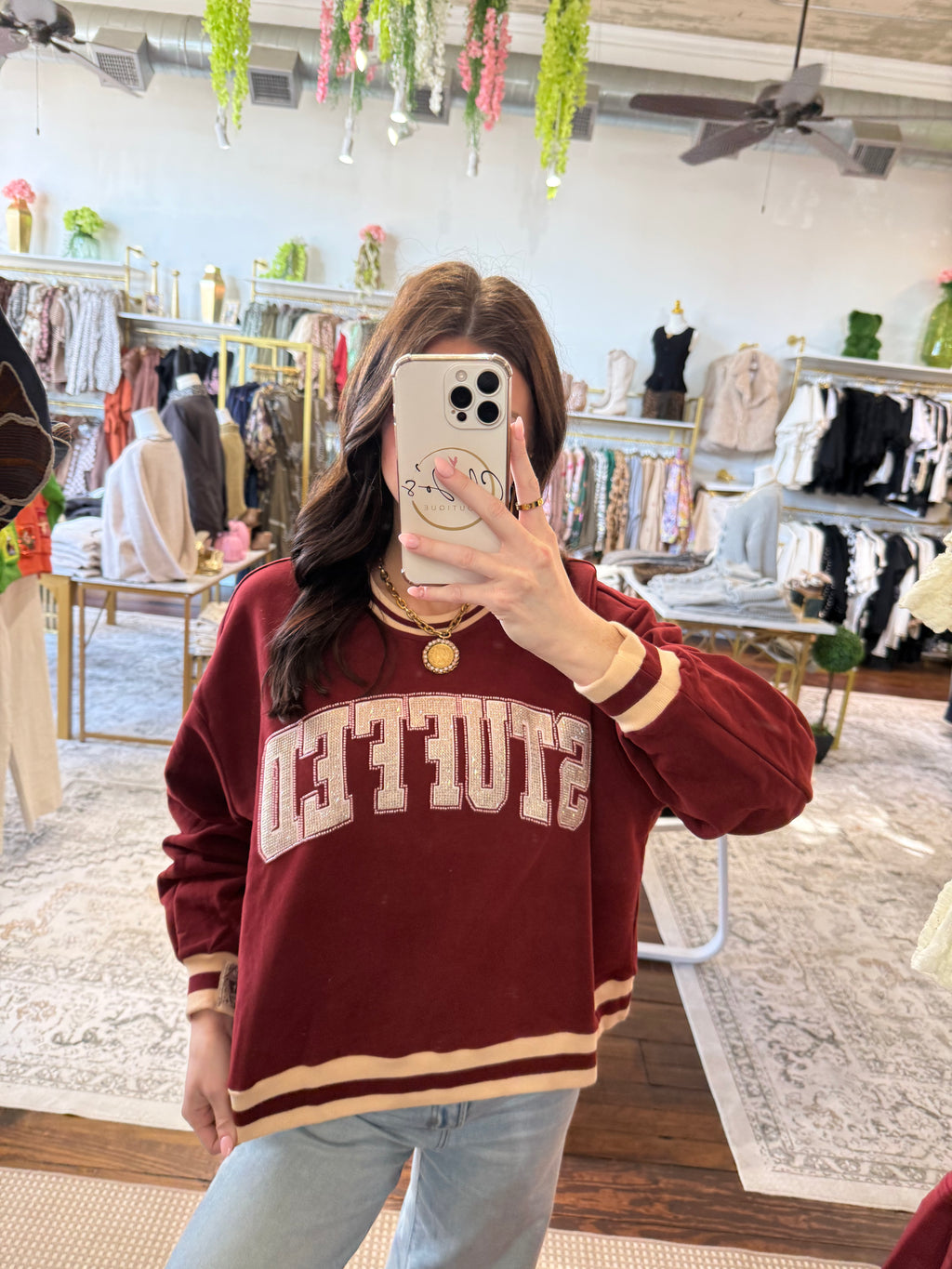 Maroon & Ivory Rhinestone 'Stuffed' Sweatshirt | Queen of Sparkles