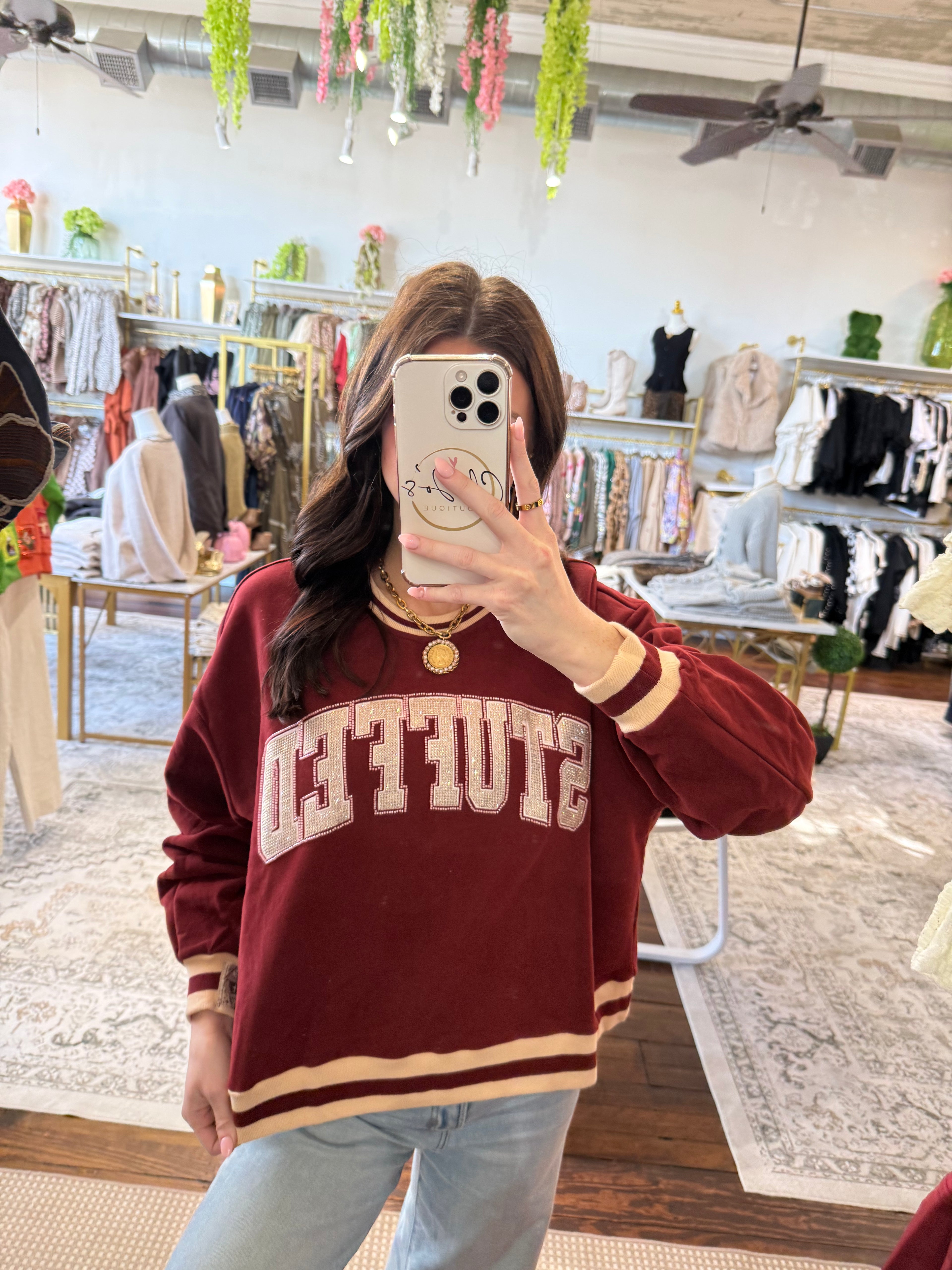 Maroon & Ivory Rhinestone 'Stuffed' Sweatshirt | Queen of Sparkles