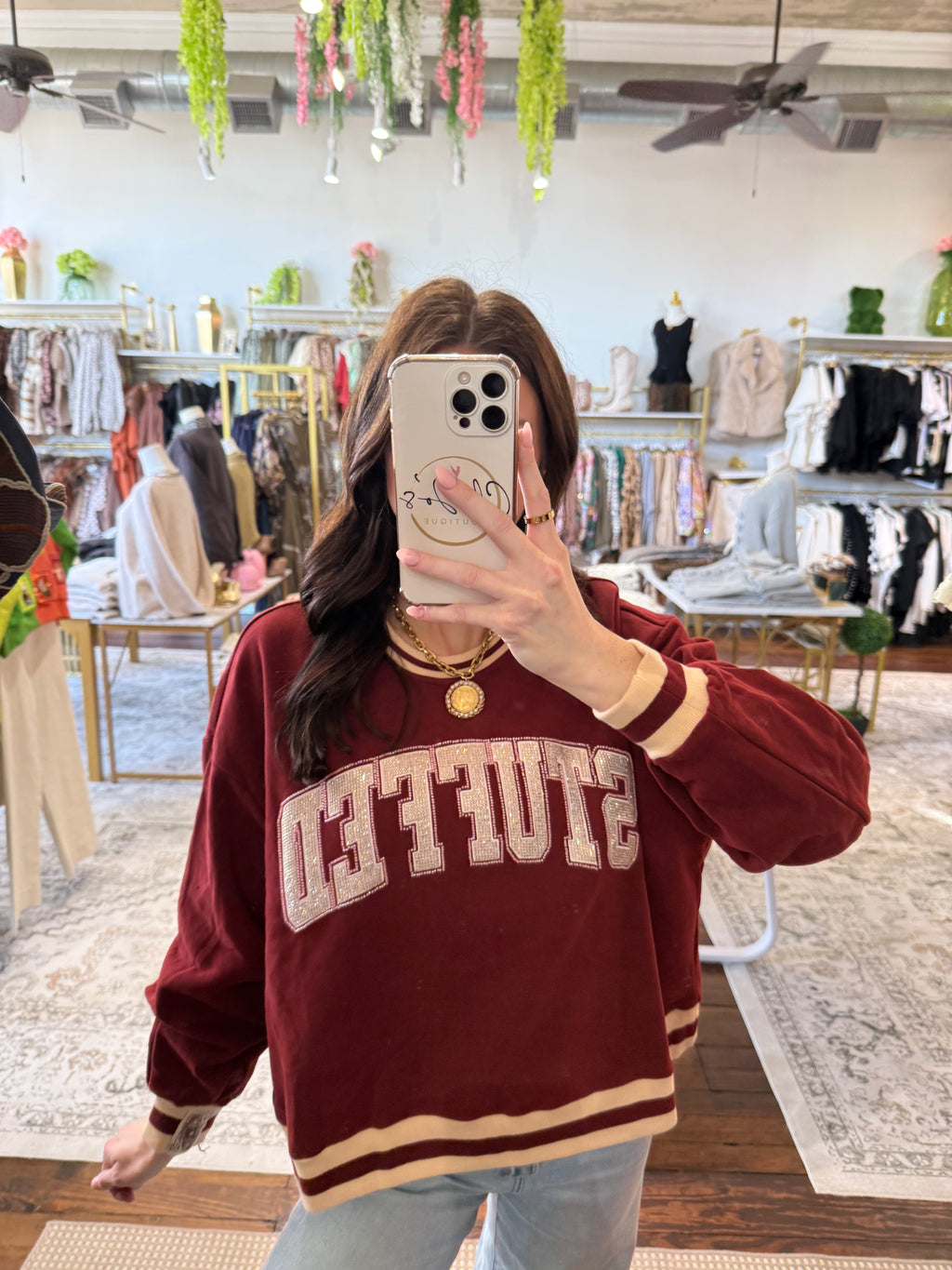 Maroon & Ivory Rhinestone 'Stuffed' Sweatshirt | Queen of Sparkles