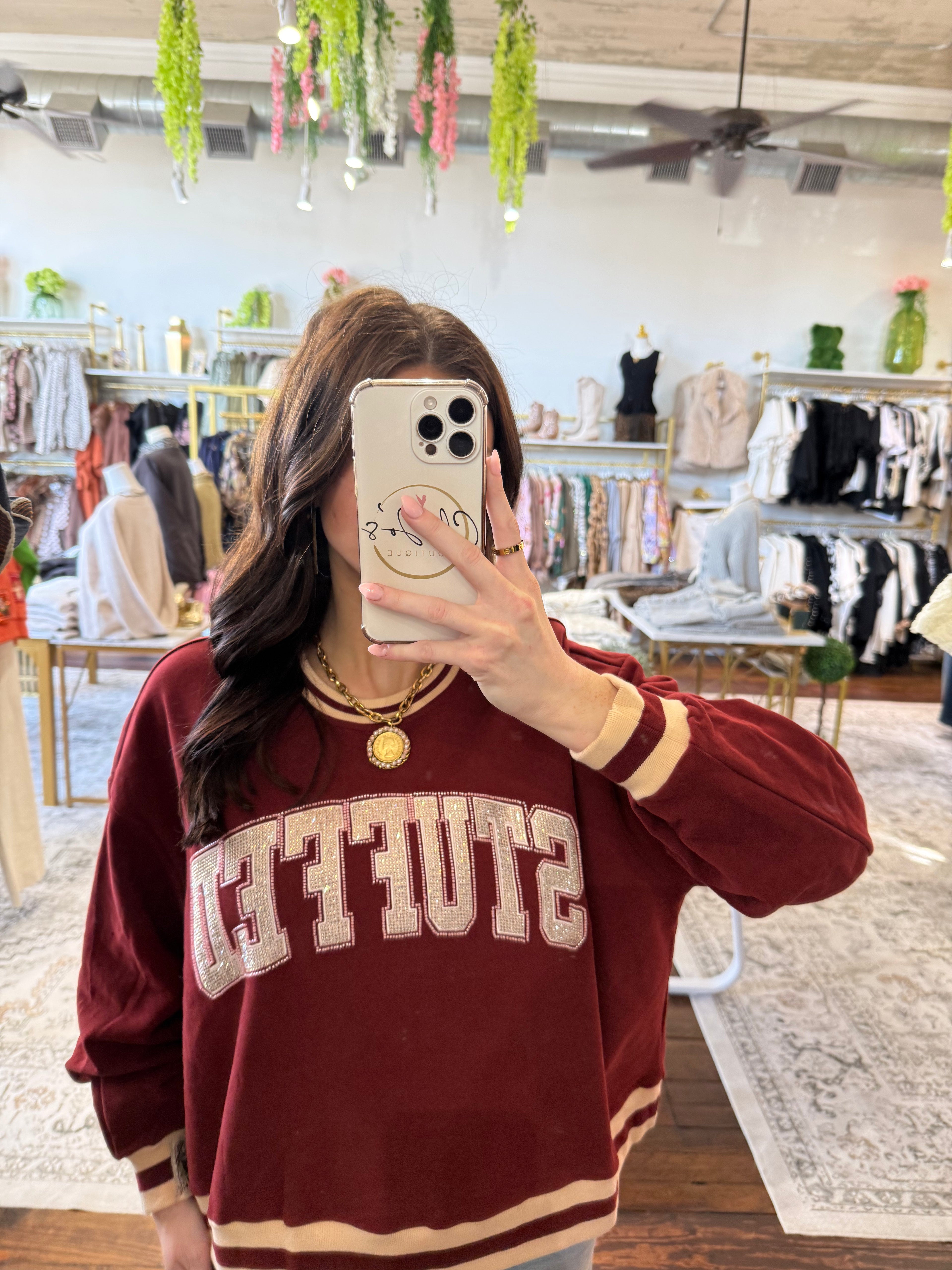 Maroon & Ivory Rhinestone 'Stuffed' Sweatshirt | Queen of Sparkles