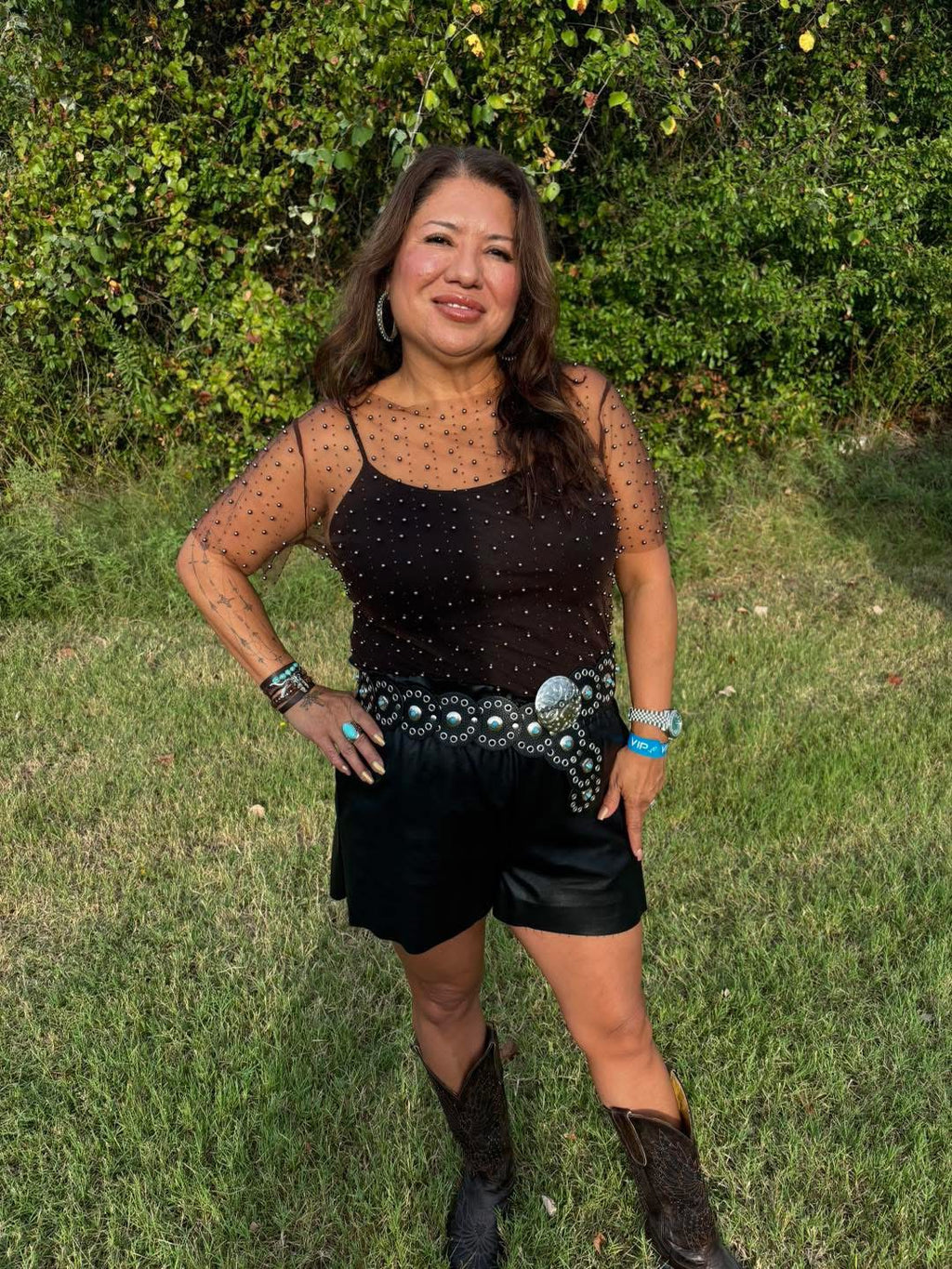 Remi Beaded Pearl Mesh Top