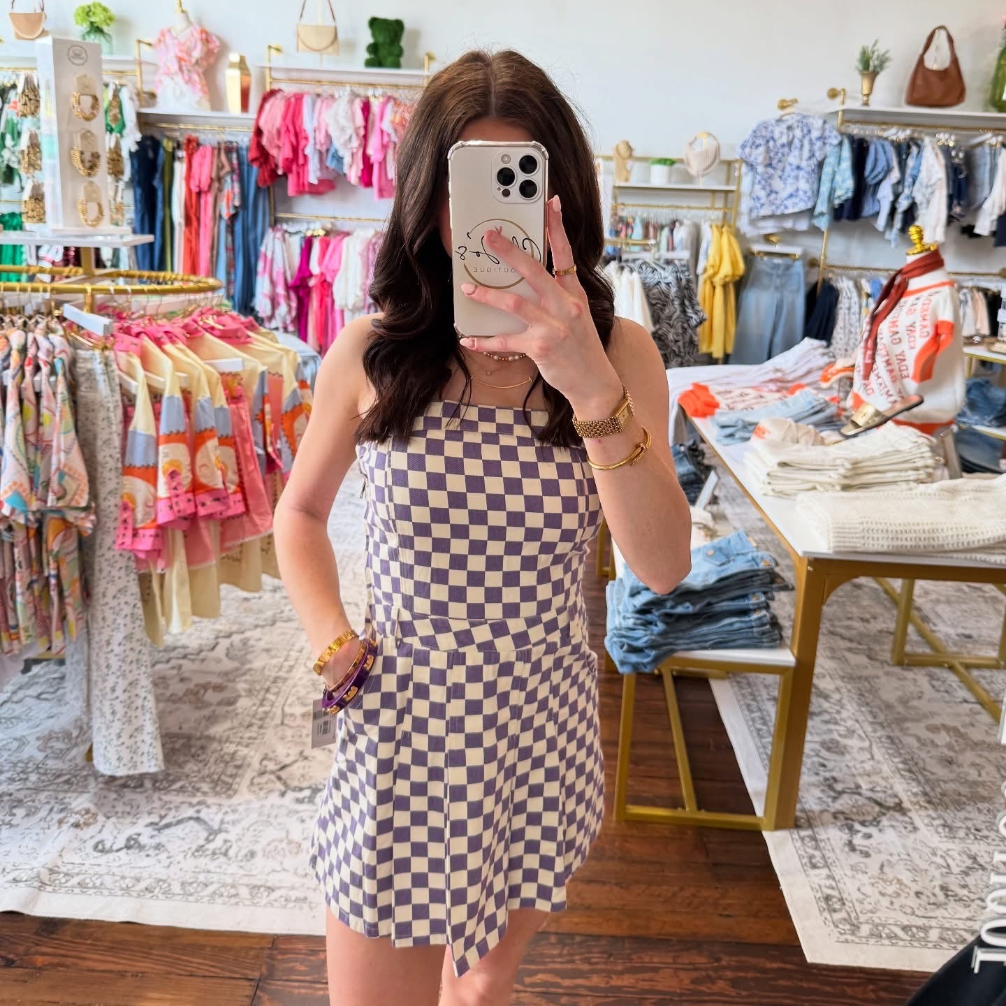 Strapless Checkered Denim Dress