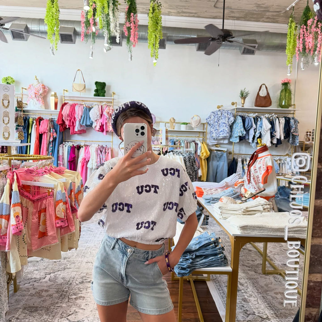 College Logo Sequin Crop Top