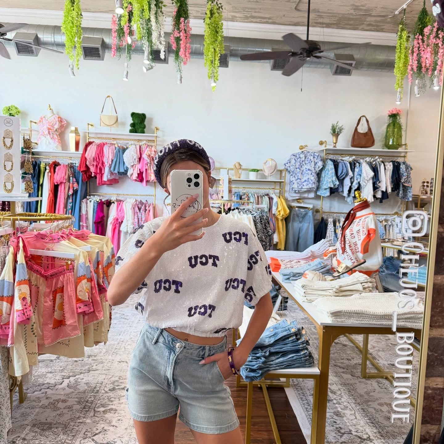 College Logo Sequin Crop Top