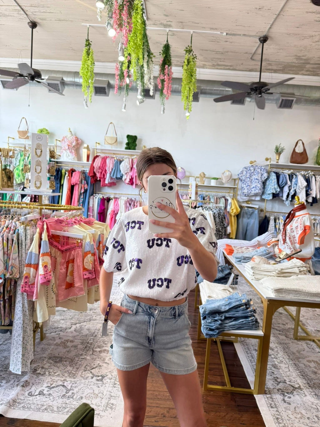 College Logo Sequin Crop Top