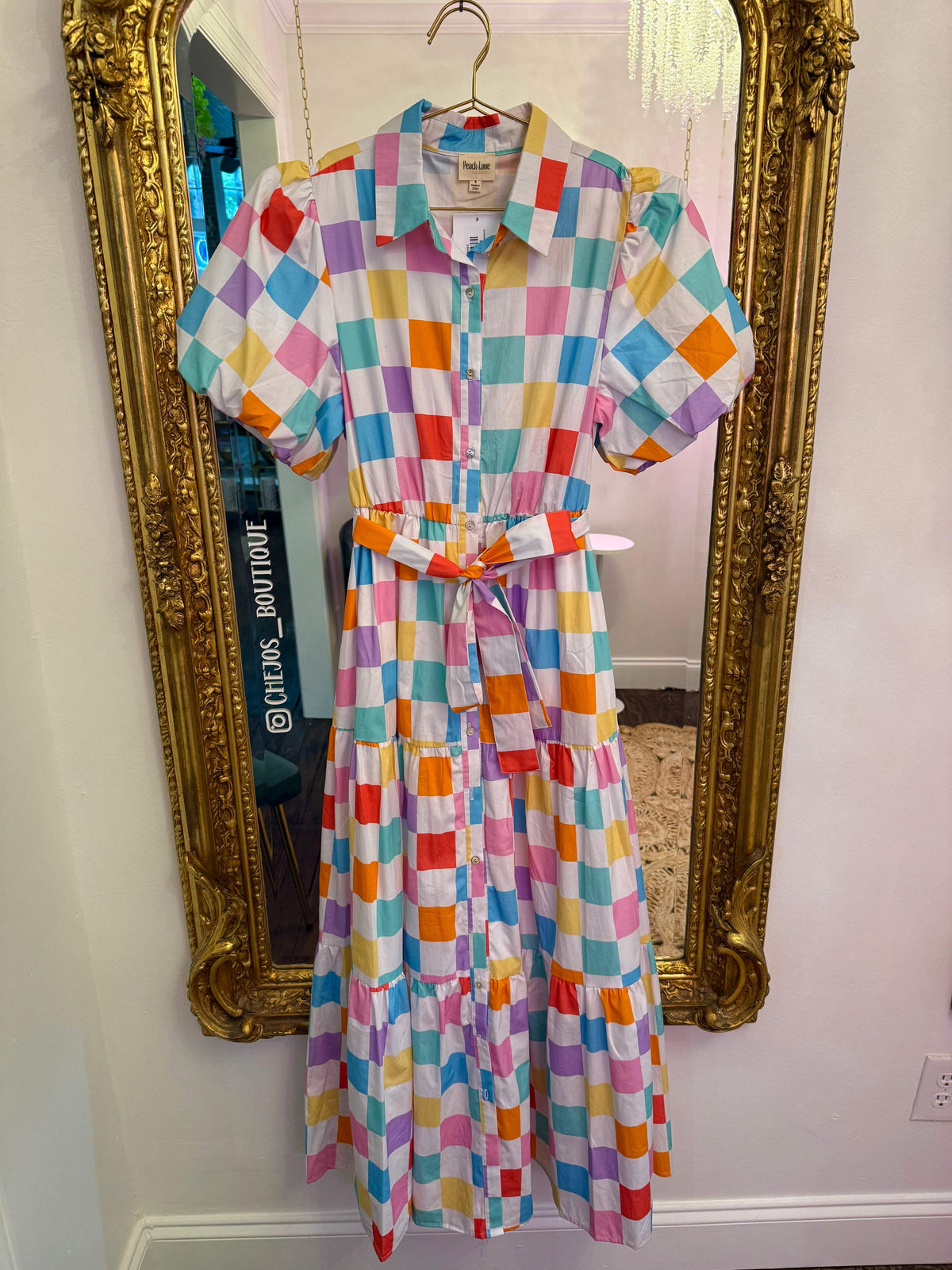 Checkers & Charm Puff Sleeve Maxi Dress