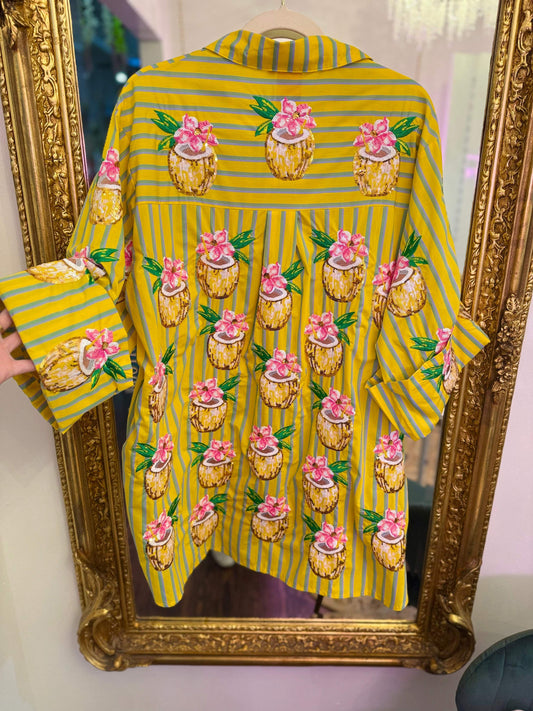 Yellow Striped Coconut Drink Button Up Cotton Tunic | Queen of Sparkles