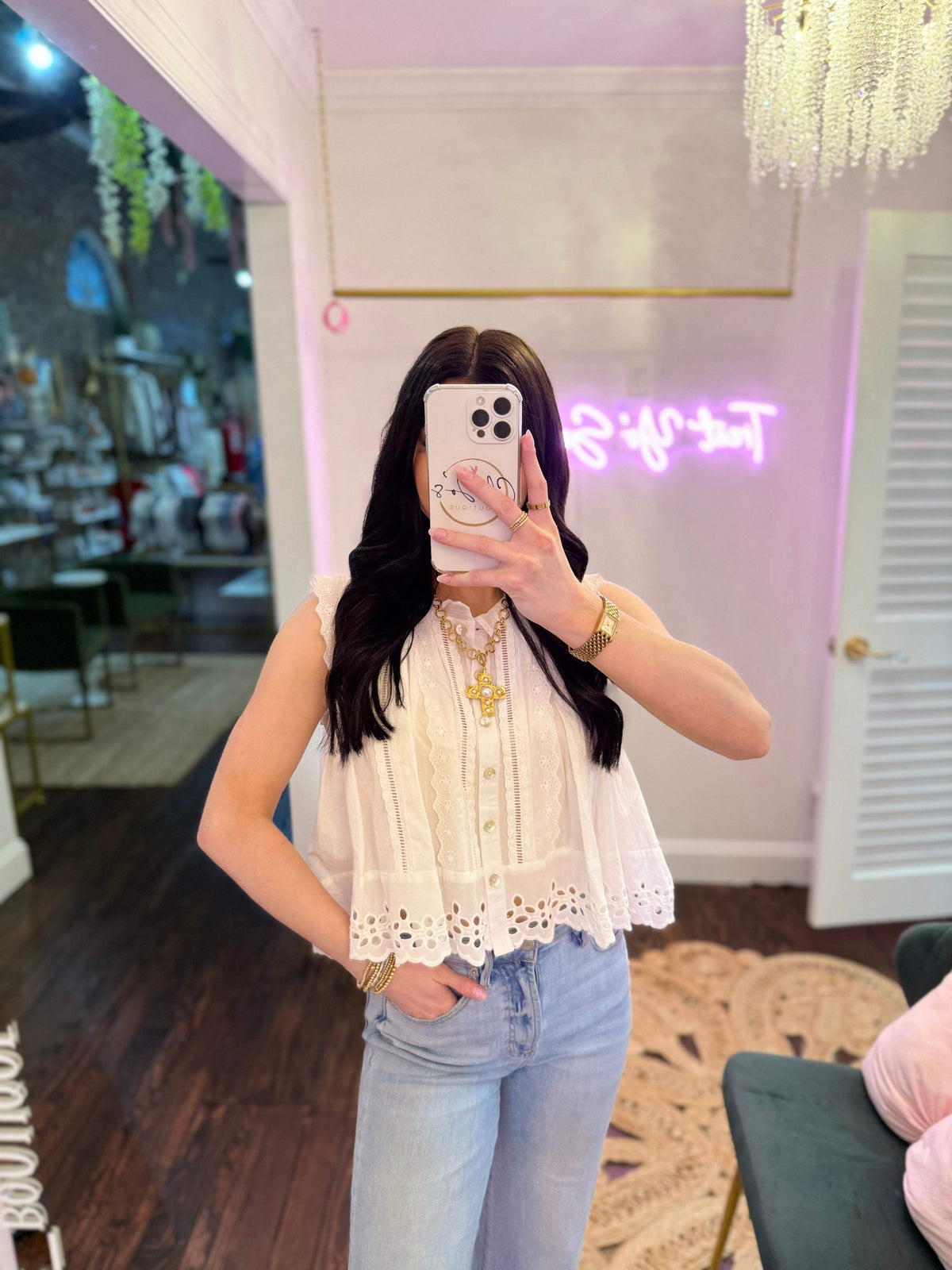 Sun-Kissed Broderie Anglaise Sleeveless Blouse