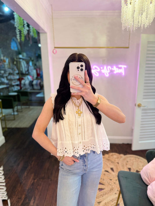 Sun-Kissed Broderie Anglaise Sleeveless Blouse