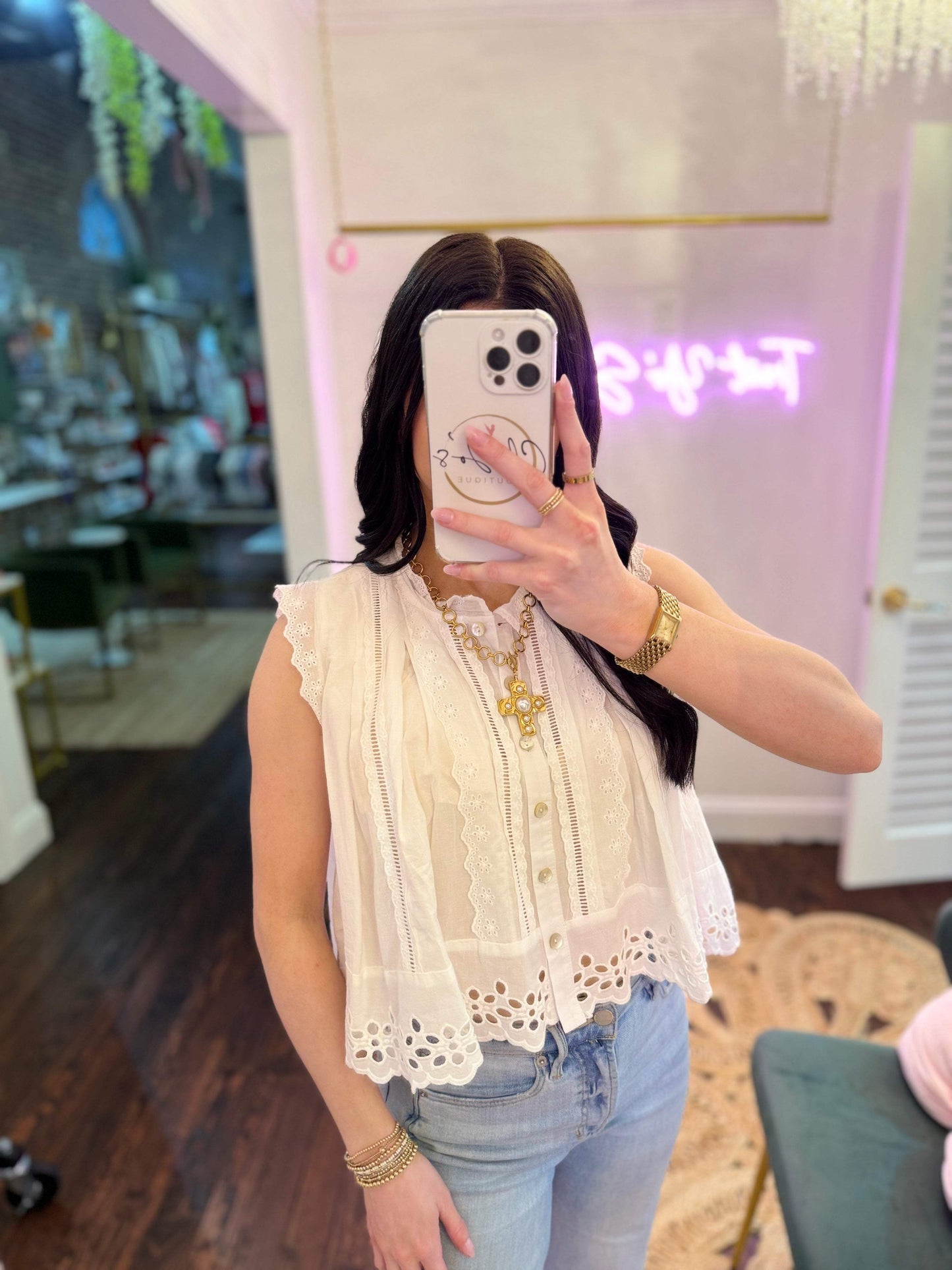 Sun-Kissed Broderie Anglaise Sleeveless Blouse