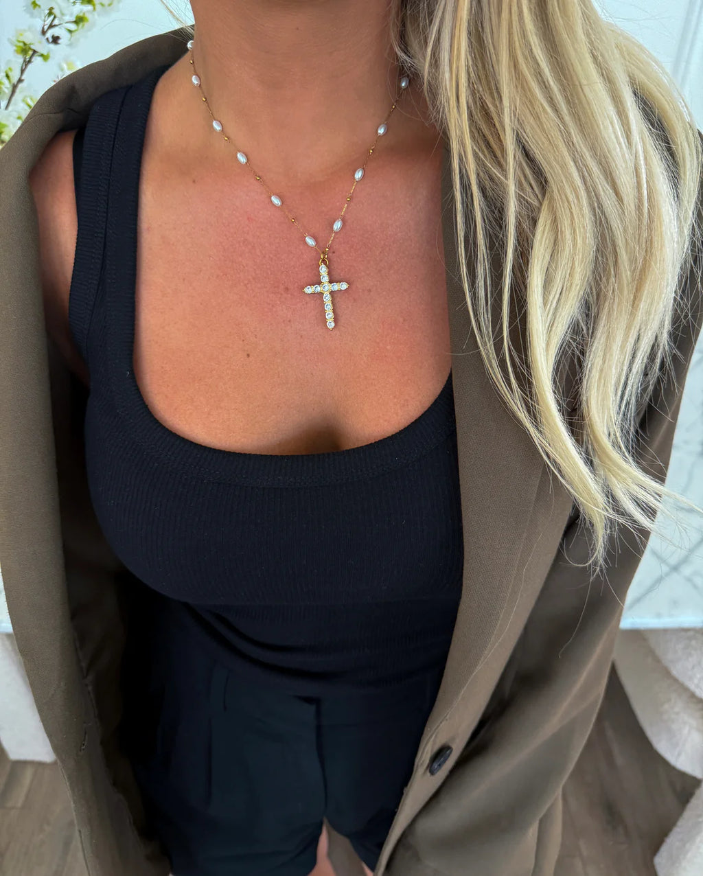Remi Beaded Cross Necklace | Water Resistant - Chansutt Pearls