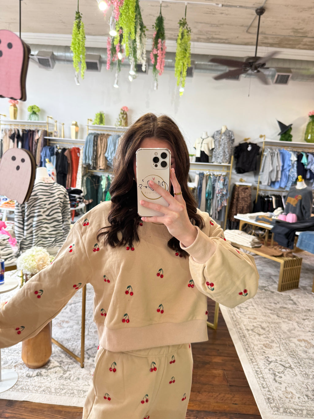 Tan Jeweled Cherry Sweatshirt | Queen of Sparkles