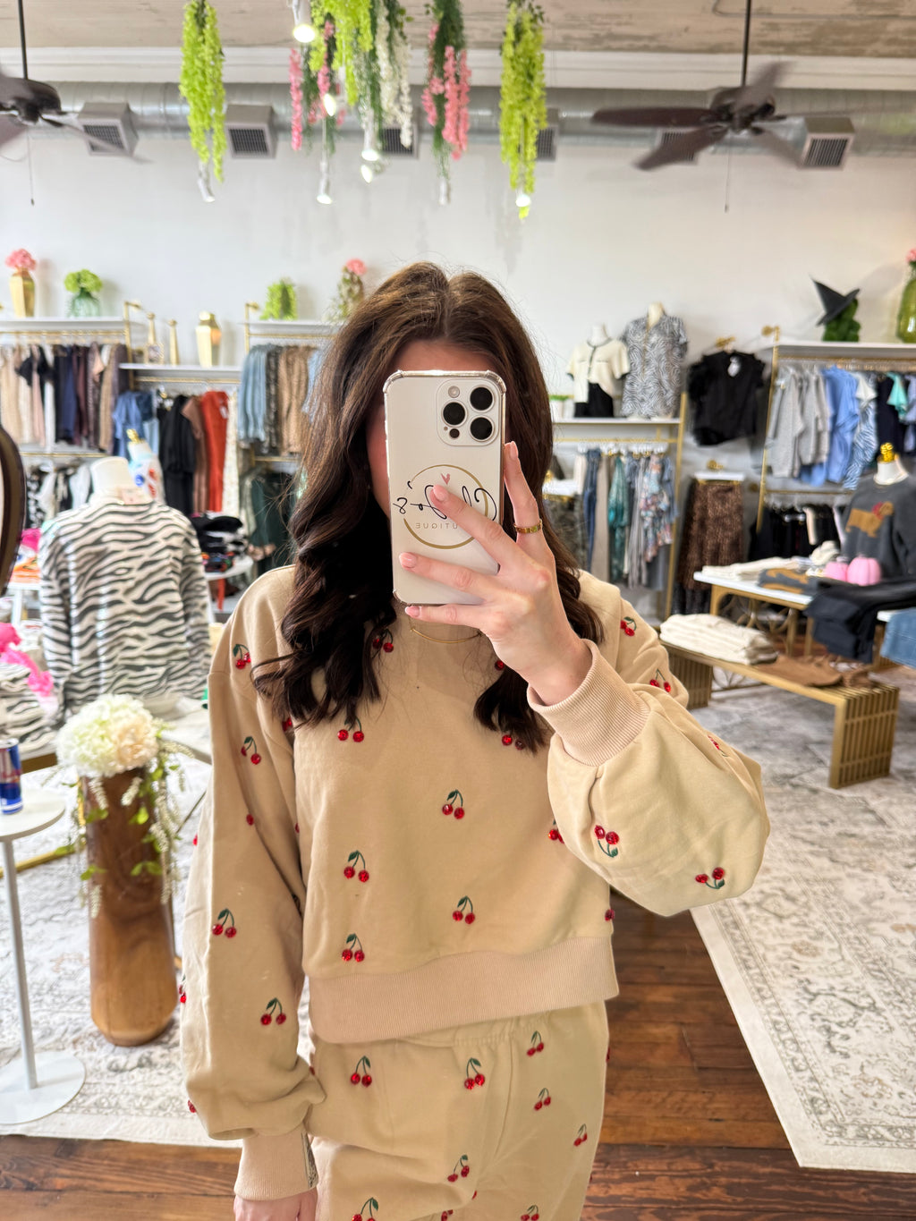 Tan Jeweled Cherry Sweatshirt | Queen of Sparkles
