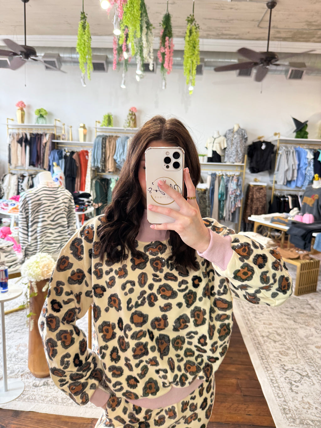 Ivory Leopard Mock Neck Sweatshirt With Light Pink Trim | Queen of Sparkles