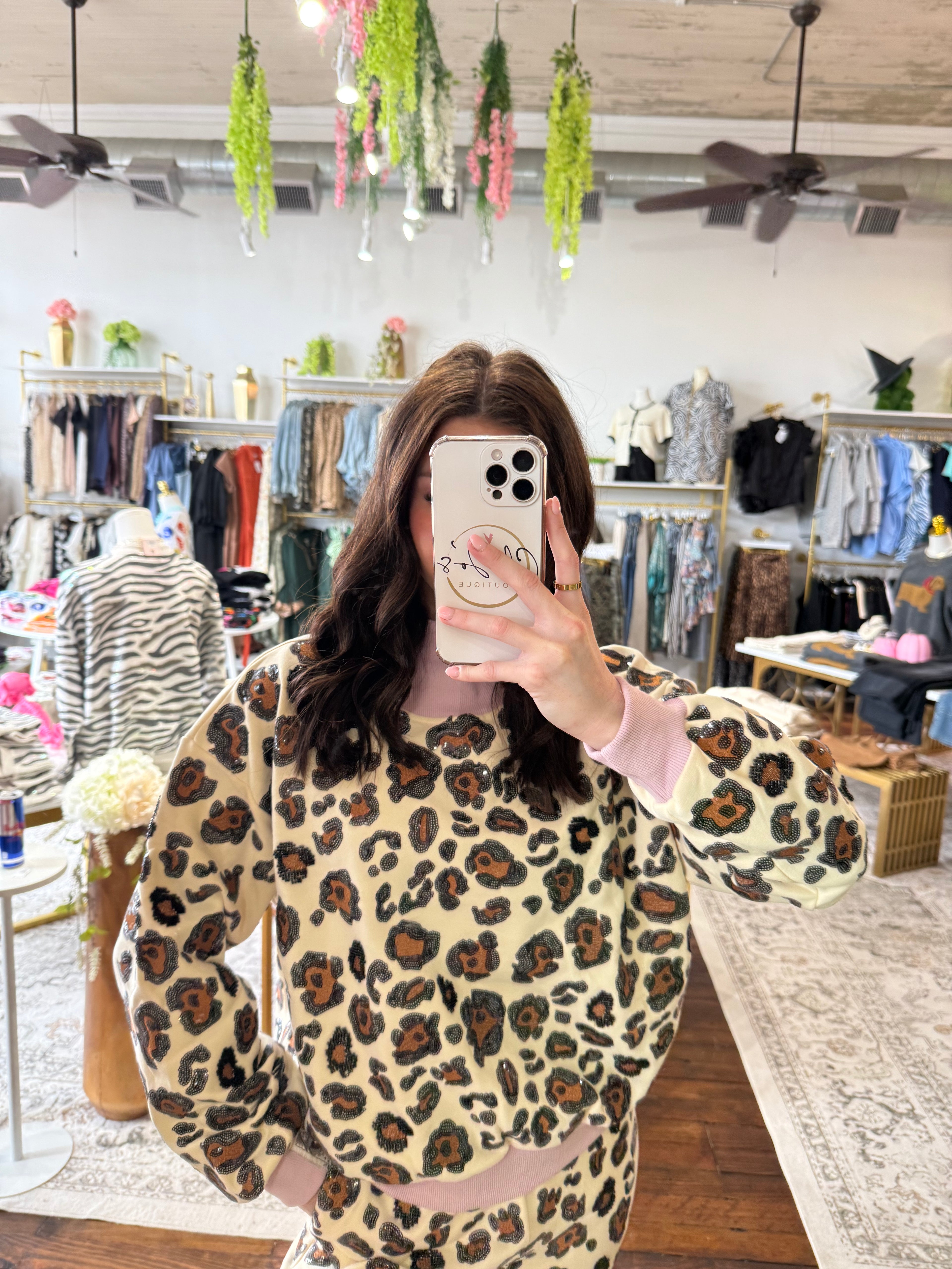 Ivory Leopard Mock Neck Sweatshirt With Light Pink Trim | Queen of Sparkles