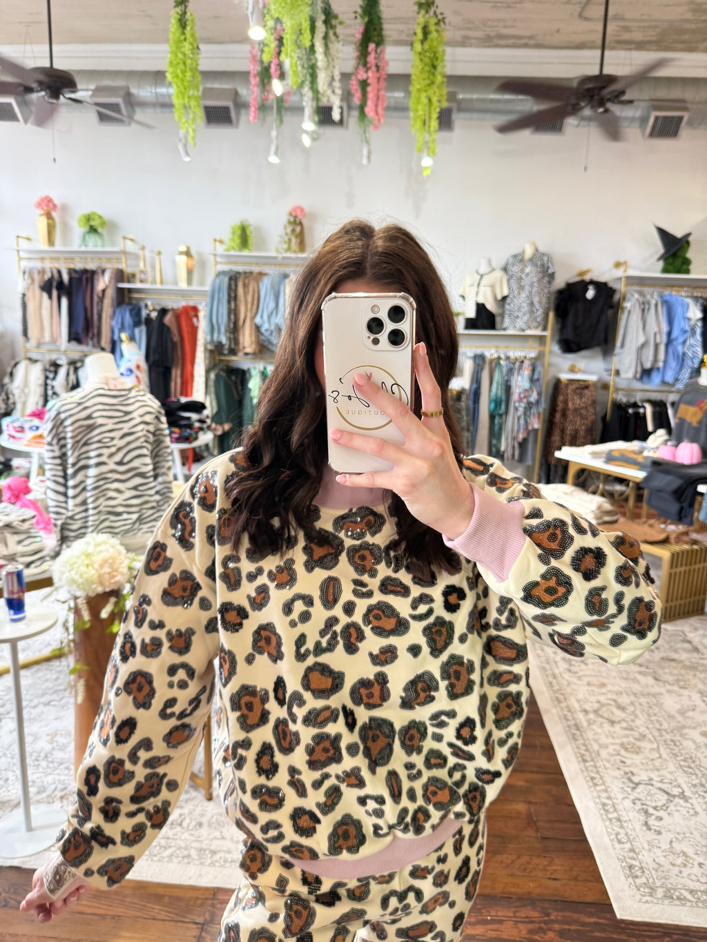 Ivory Leopard Mock Neck Sweatshirt With Light Pink Trim | Queen of Sparkles