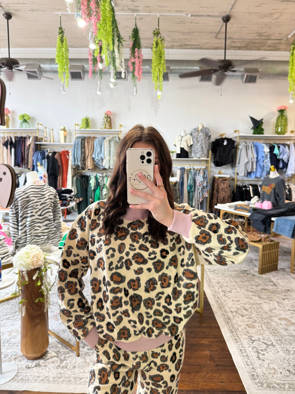 Ivory Leopard Mock Neck Sweatshirt With Light Pink Trim | Queen of Sparkles