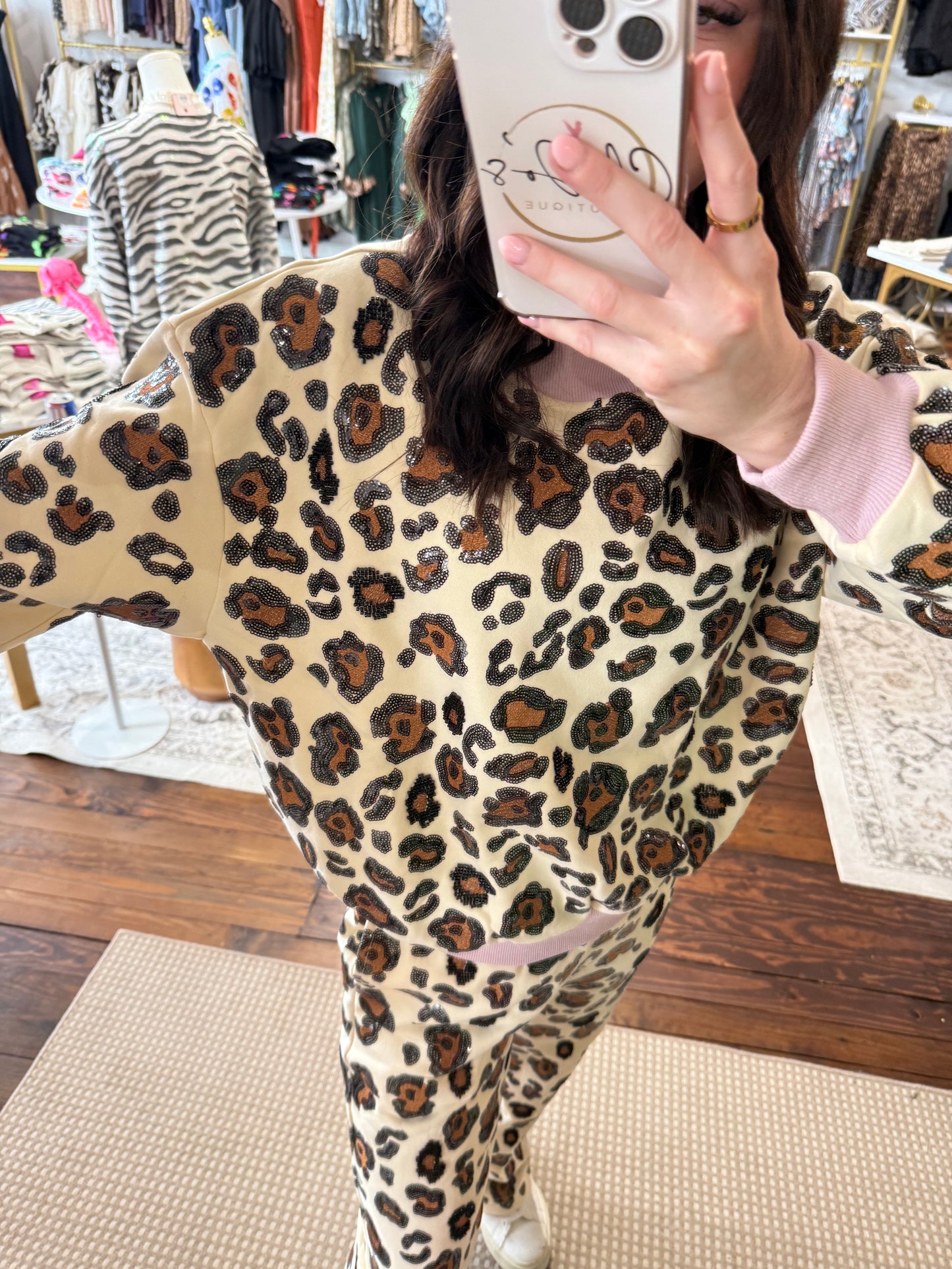 Ivory Leopard Mock Neck Sweatshirt With Light Pink Trim | Queen of Sparkles