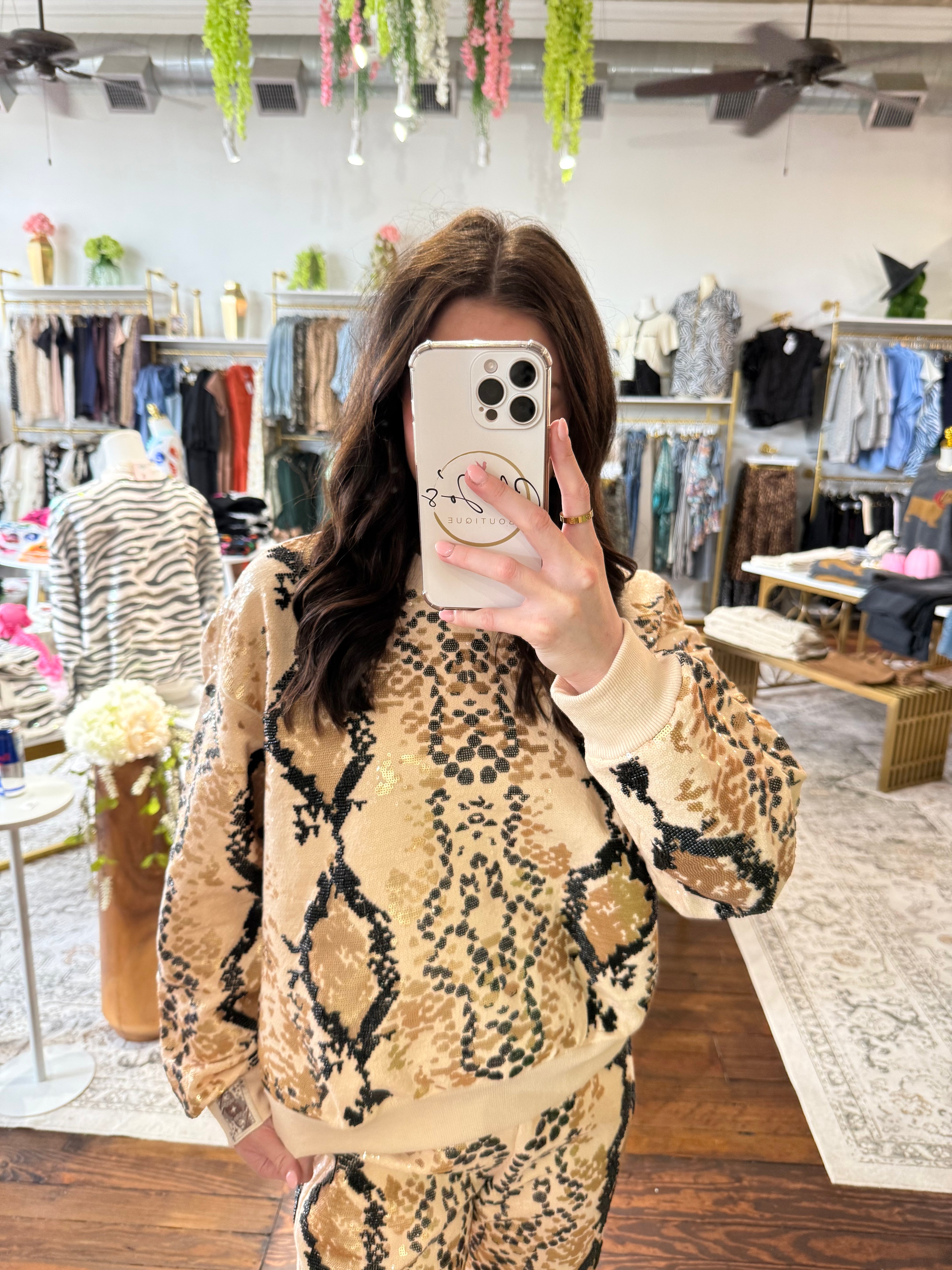 Neutral & Black Python Print Sweatshirt | Queen of Sparkles