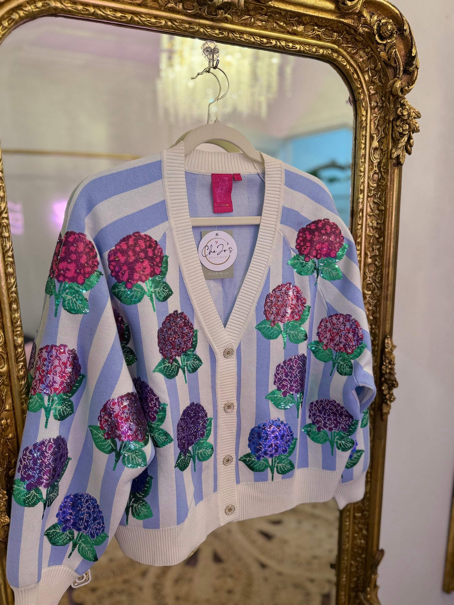 Blue & White Striped Hydrangea Cardigan | Queen of Sparkles | PLUS SIZE AVAILABLE