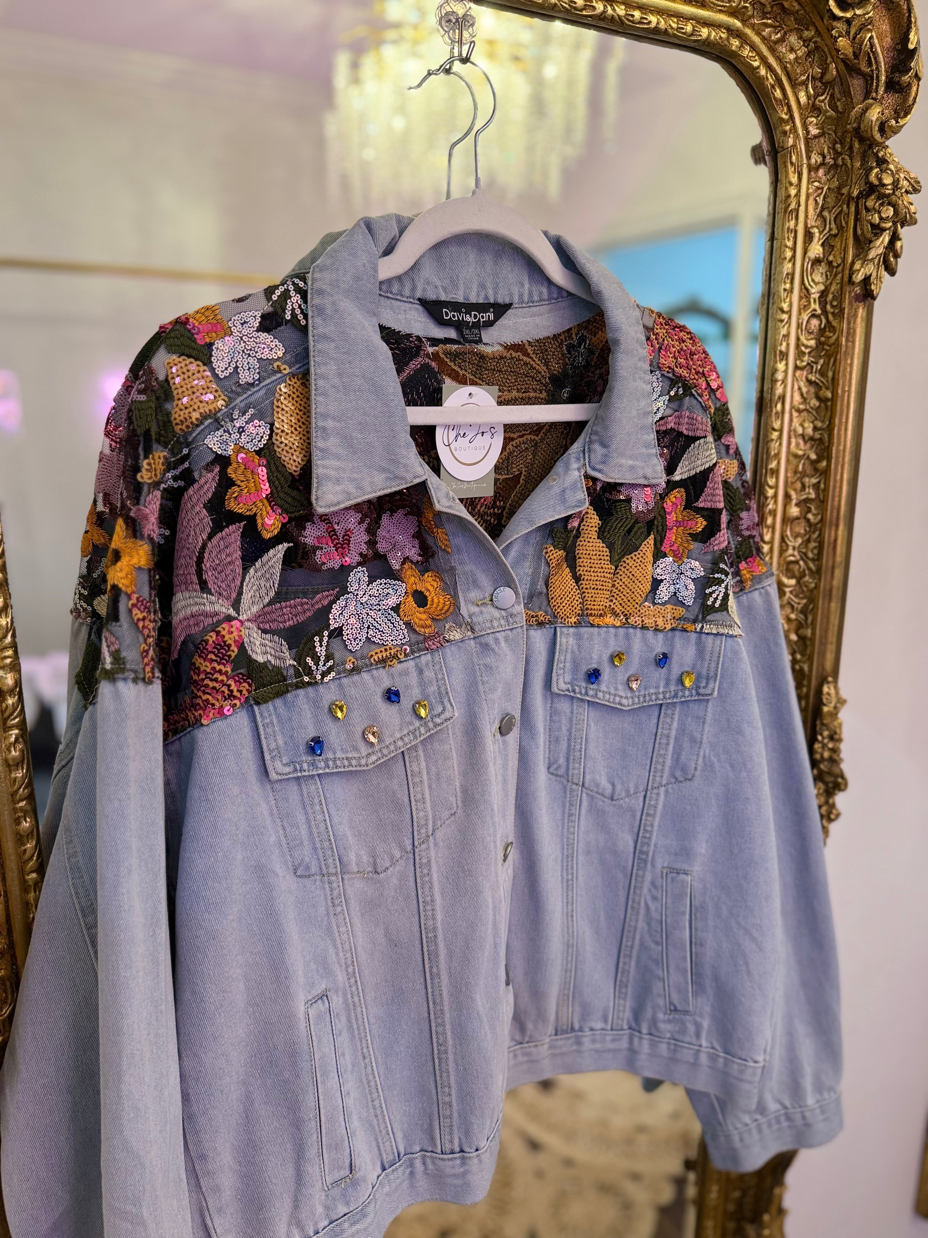 PLUS SIZE | Sequin Embroidered Vibrant Denim Jacket