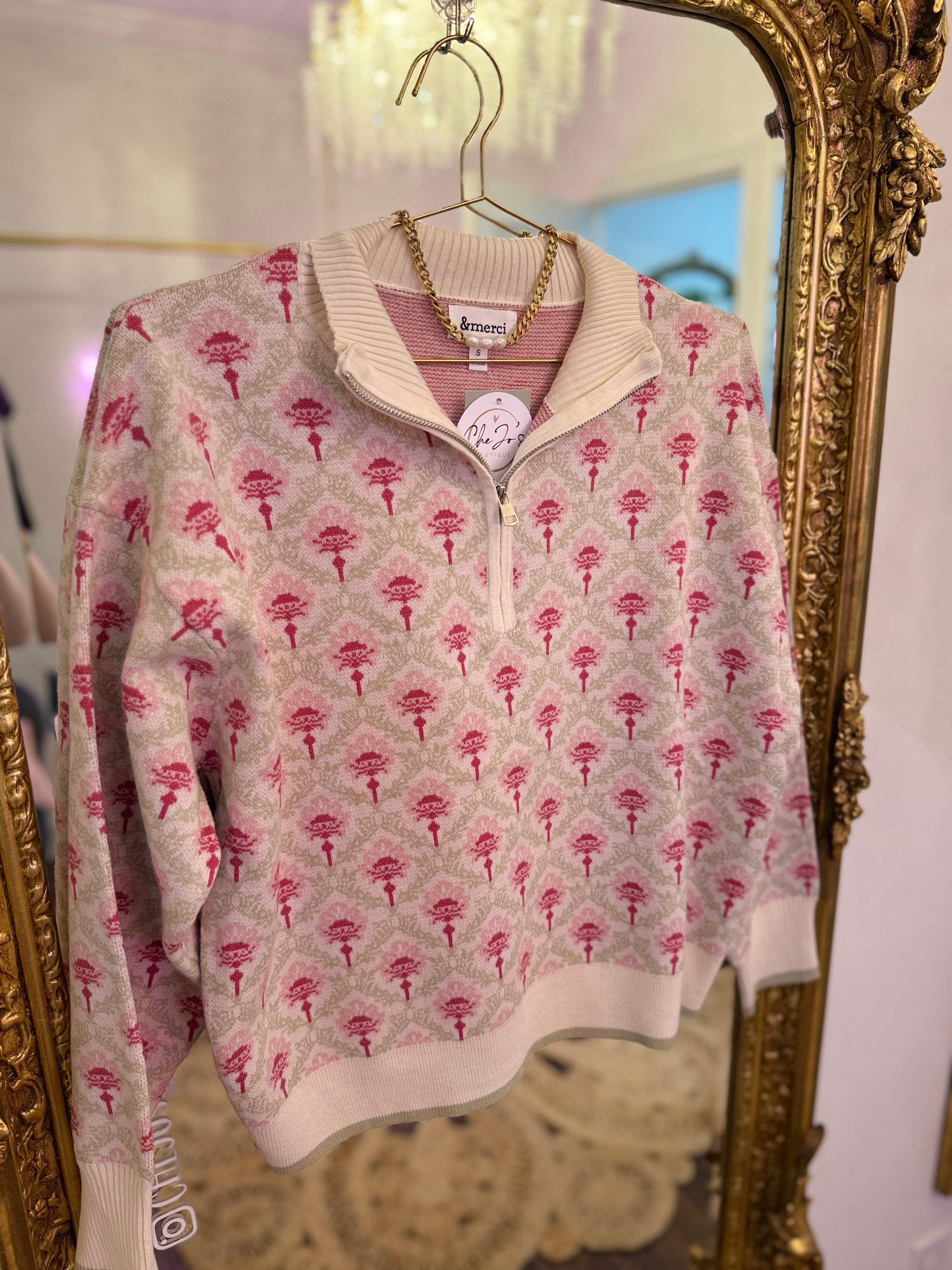 Vintage Floral Half Zip Sweater