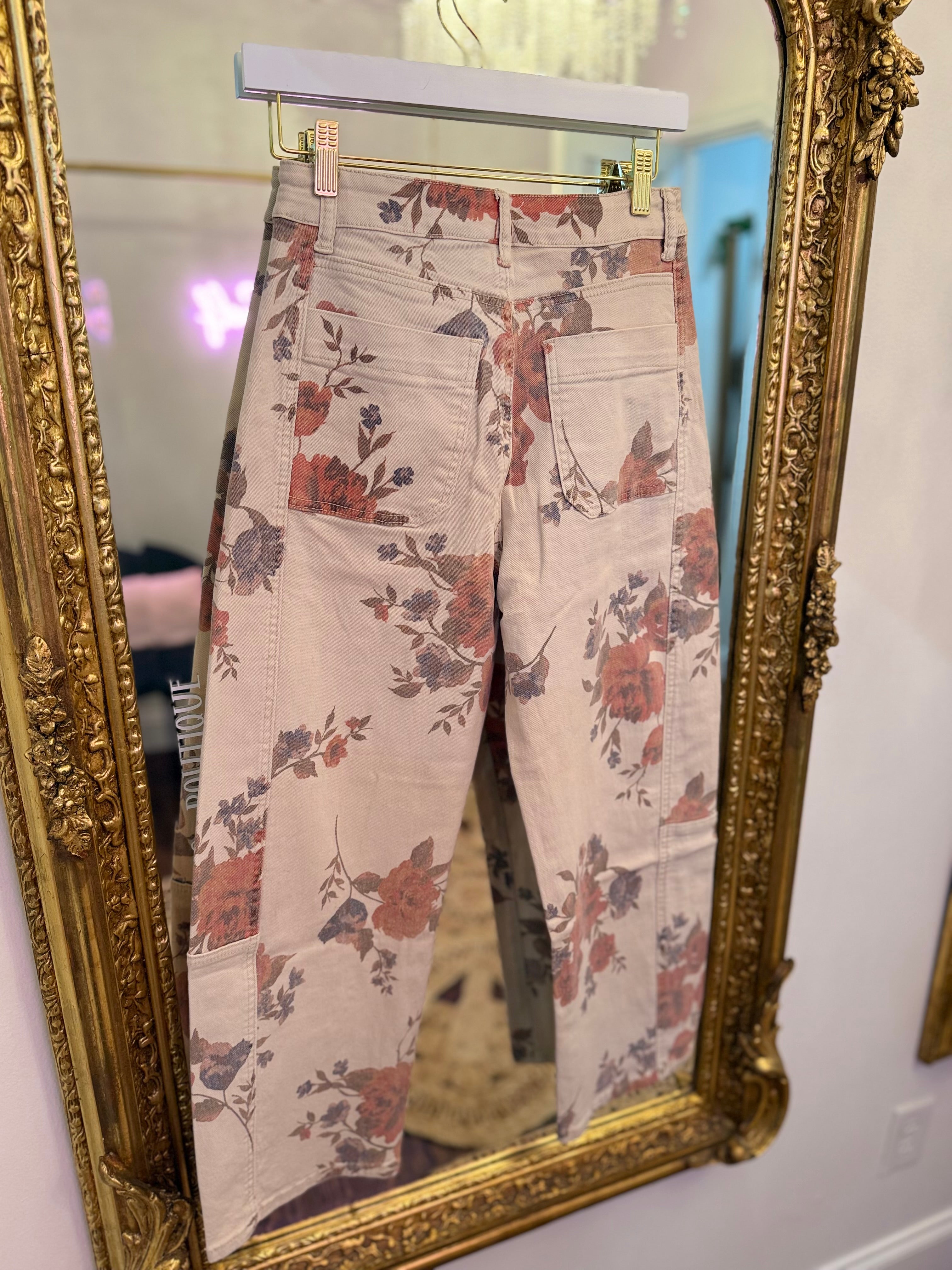 Floral Printed Washed Twill Barrel Pants