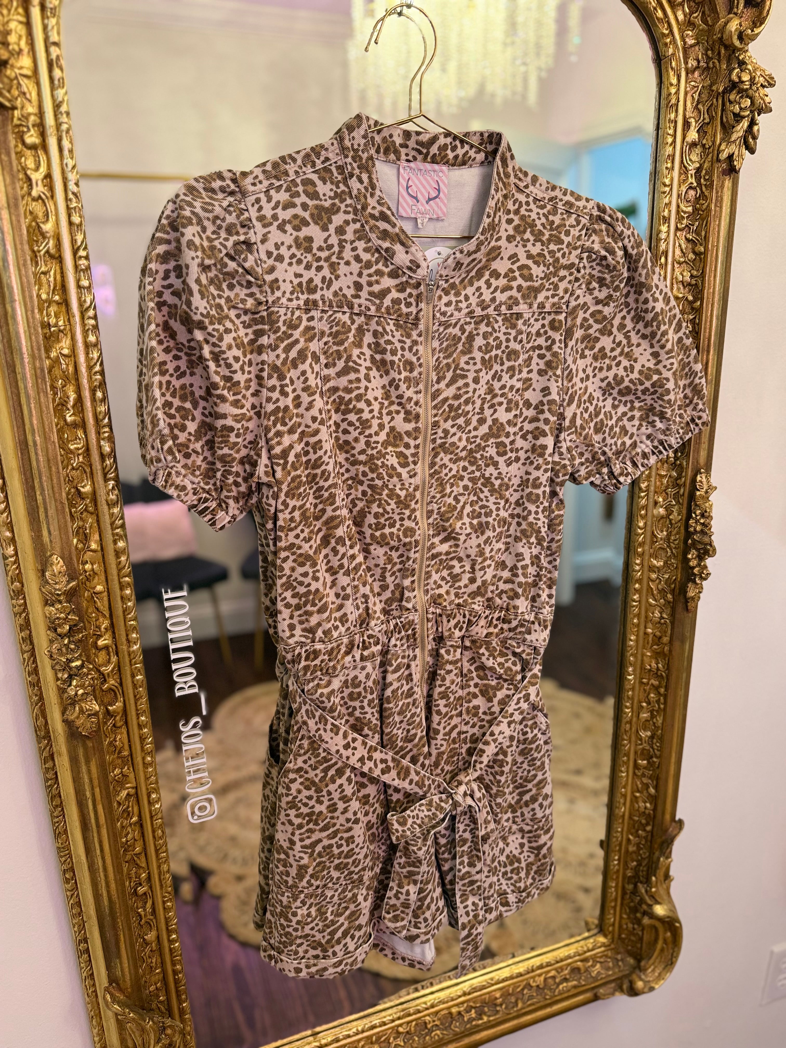 Washed Denim Leopard Belt Romper