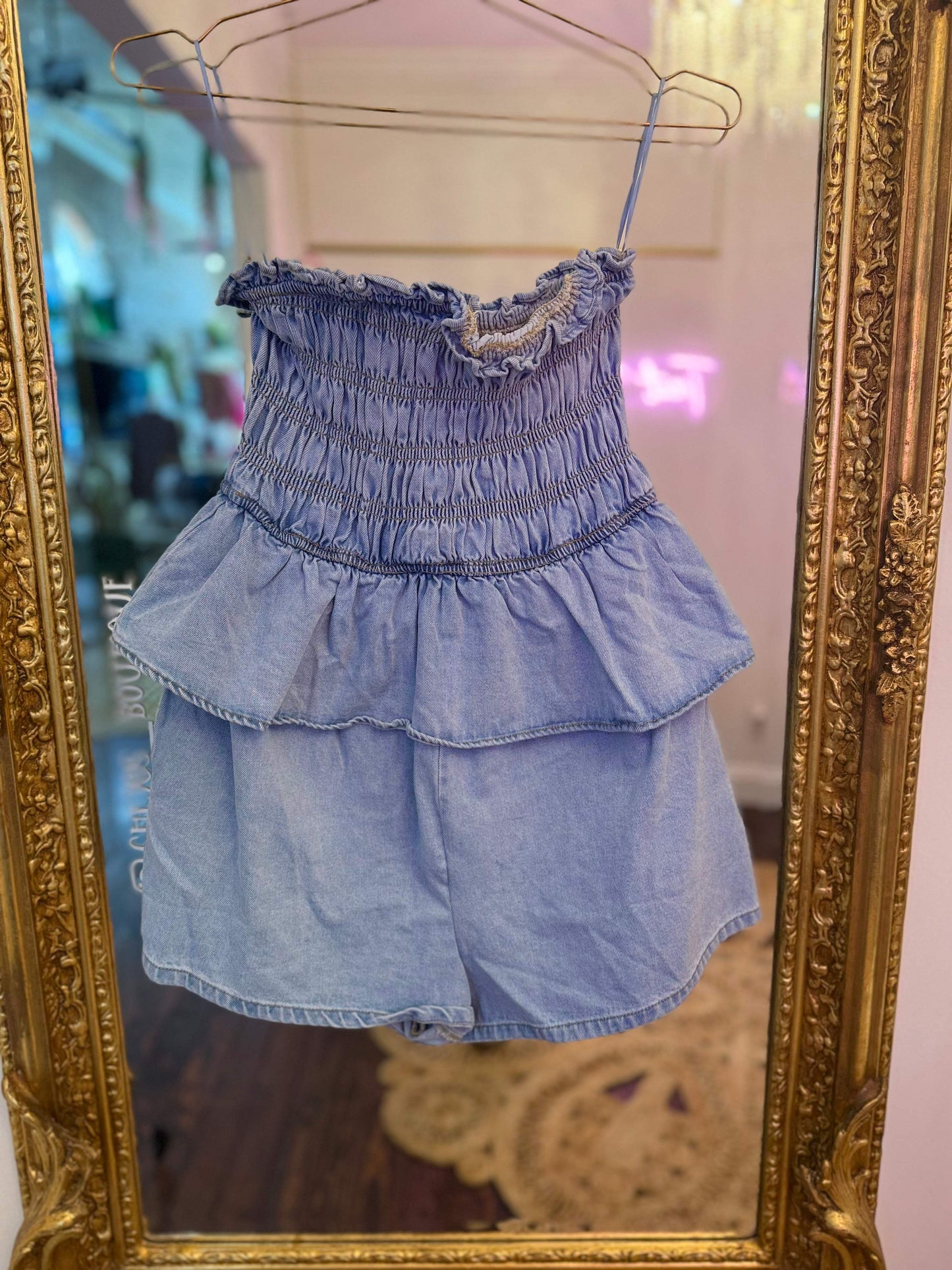 Emerie Smocked Tube Top Denim Romper
