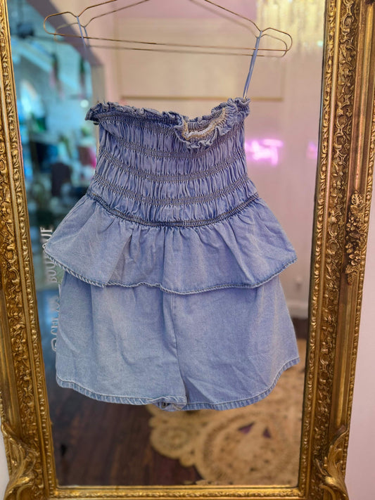 Emerie Smocked Tube Top Denim Romper