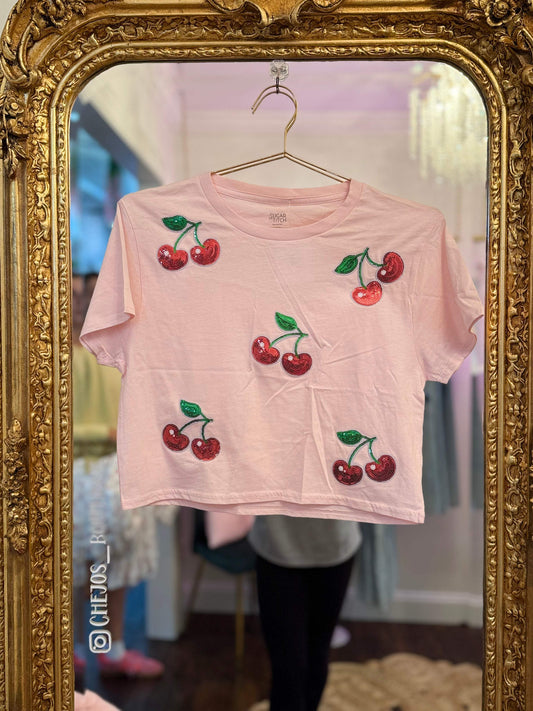 Sequin Cherry Graphic Crop Tee