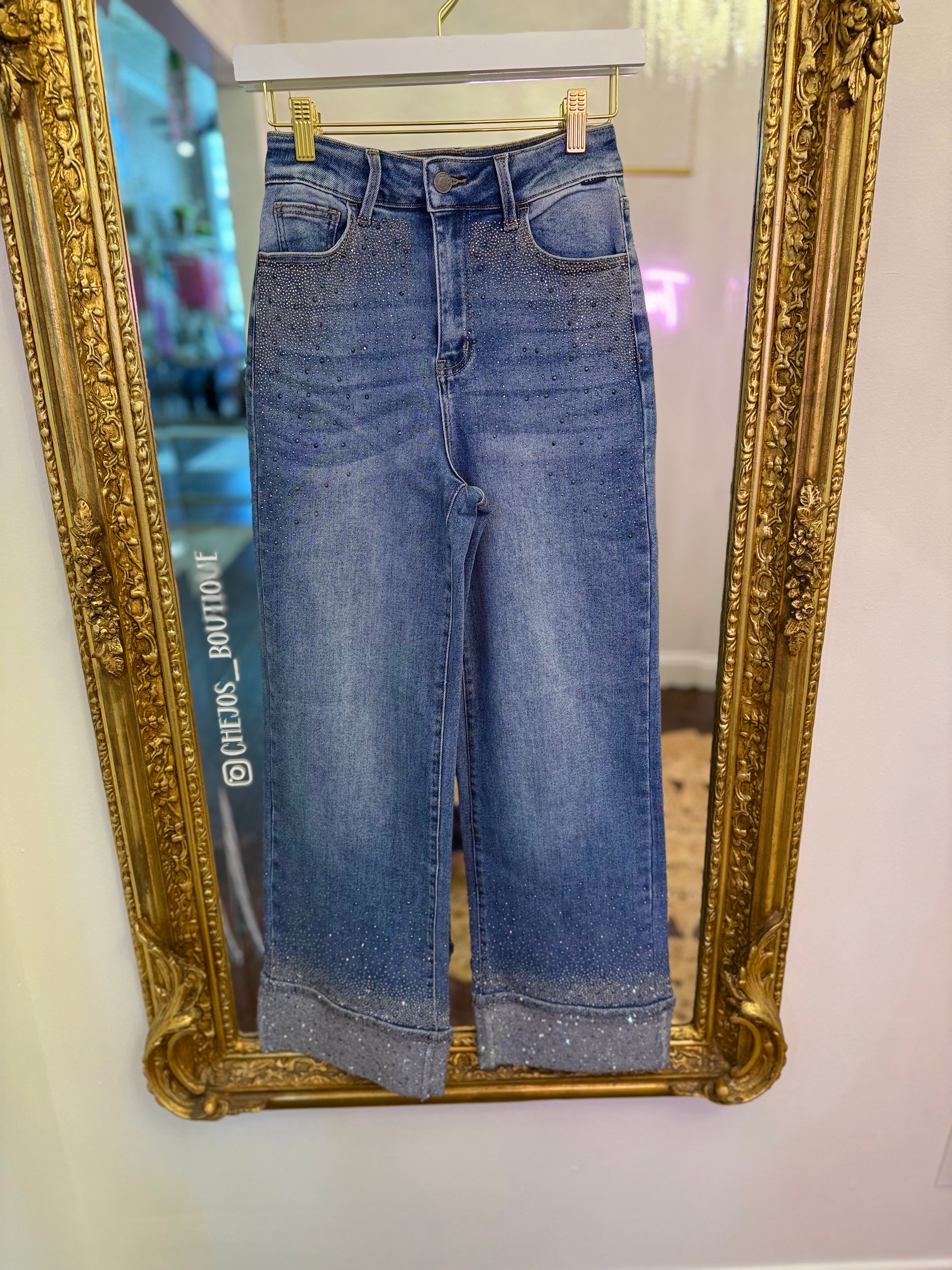 High Rise Embellished Cuffed Wide Leg Jeans